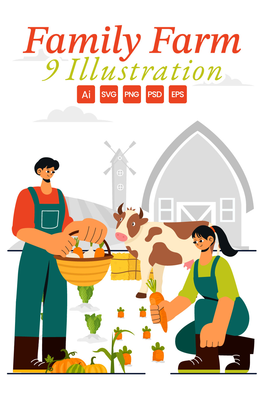 9 Family Working on a Farm Illustration pinterest preview image.