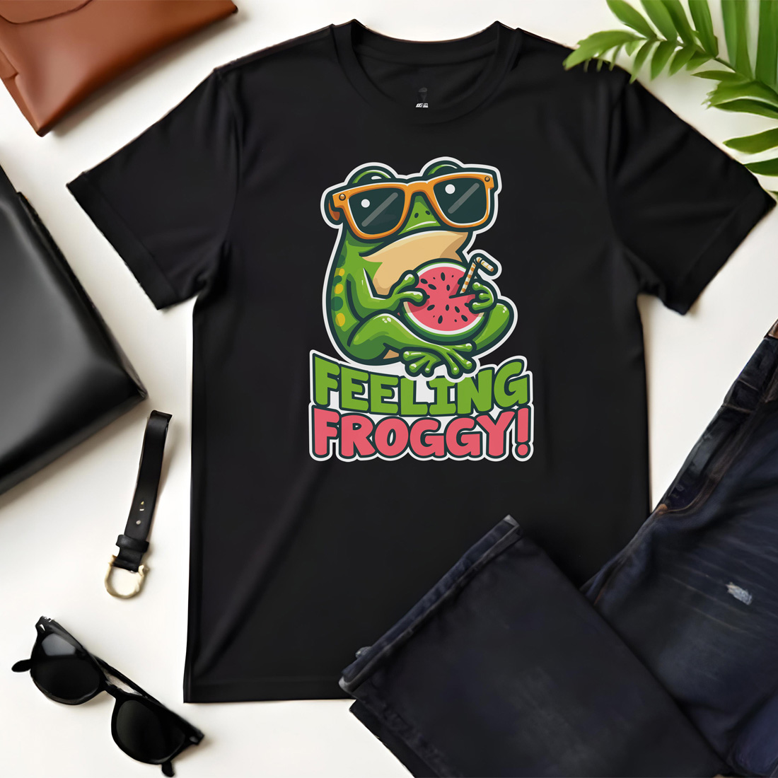 feeling froggy graphic design black flat tshirt mockup 549