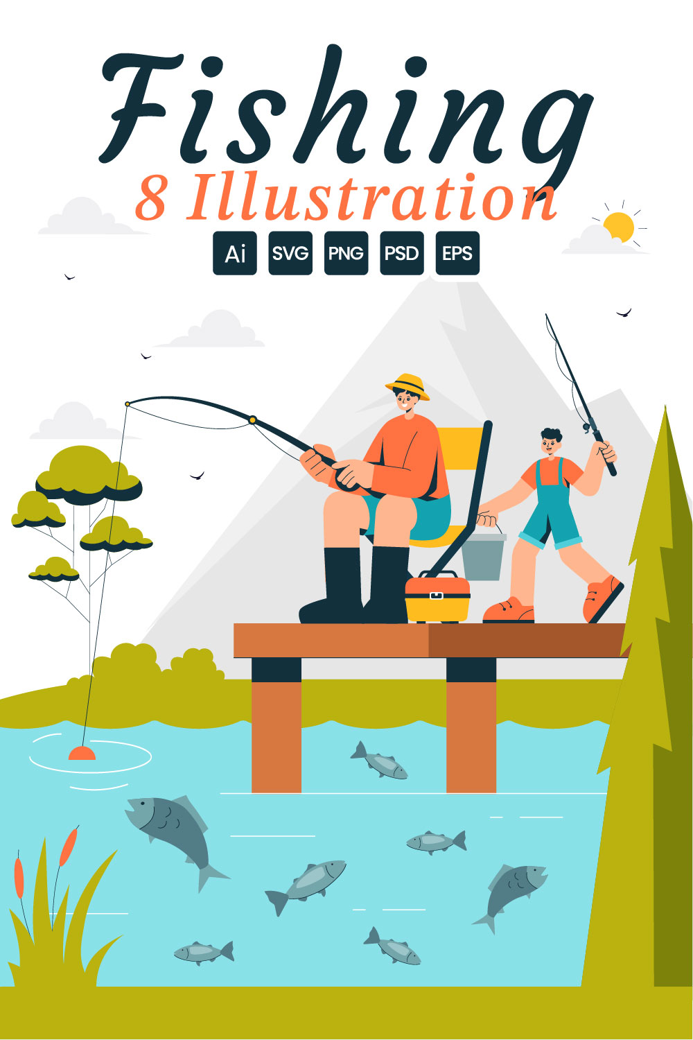 8 Fishing Adventure Illustration pinterest preview image.