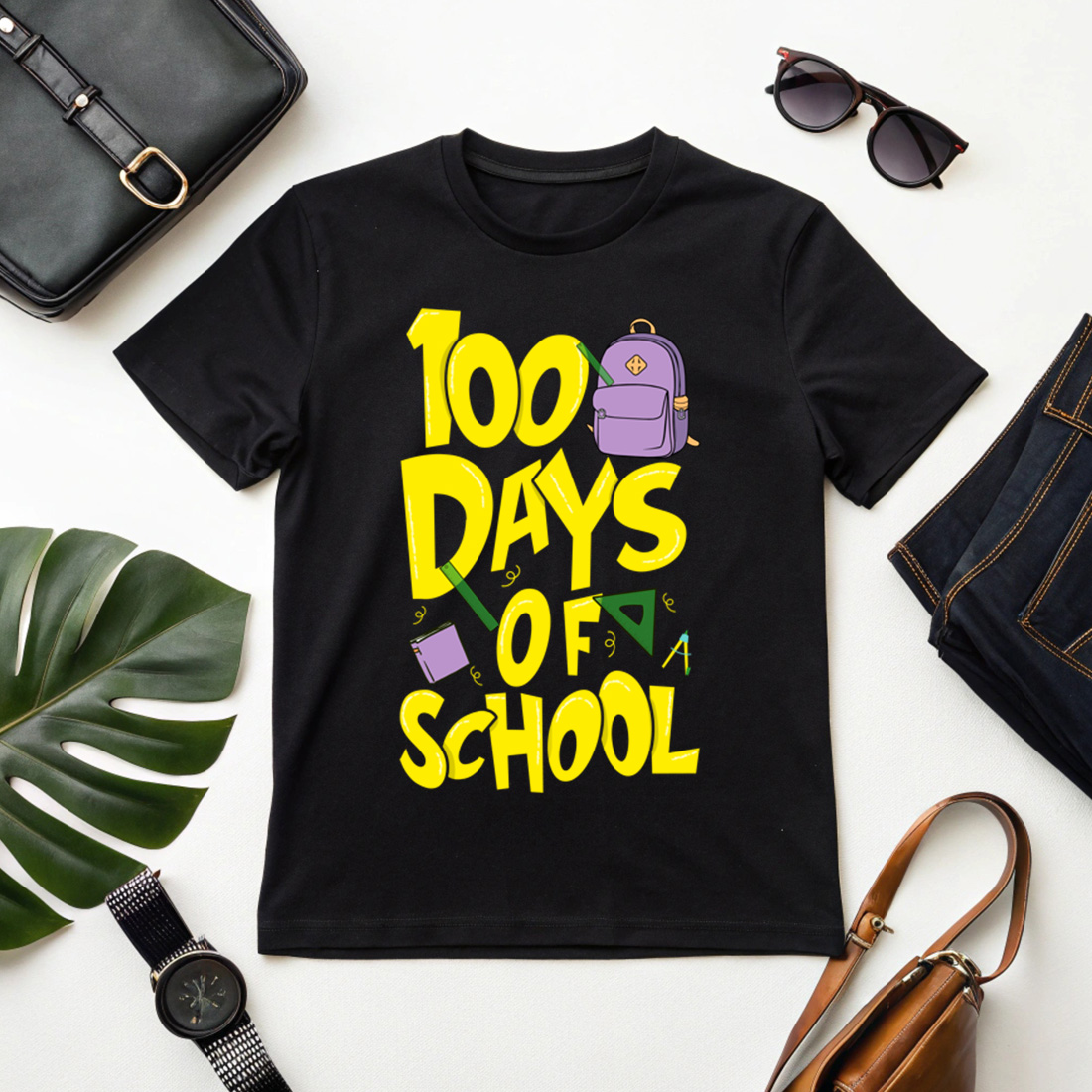 fun 100 days of school illustration with backpack and supplies for merchandise 1 black etsy t shirt mock up 229