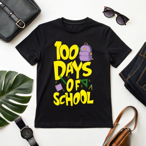 Fun 100 Days of School Illustration with Backpack and Supplies for Merchandise cover image.