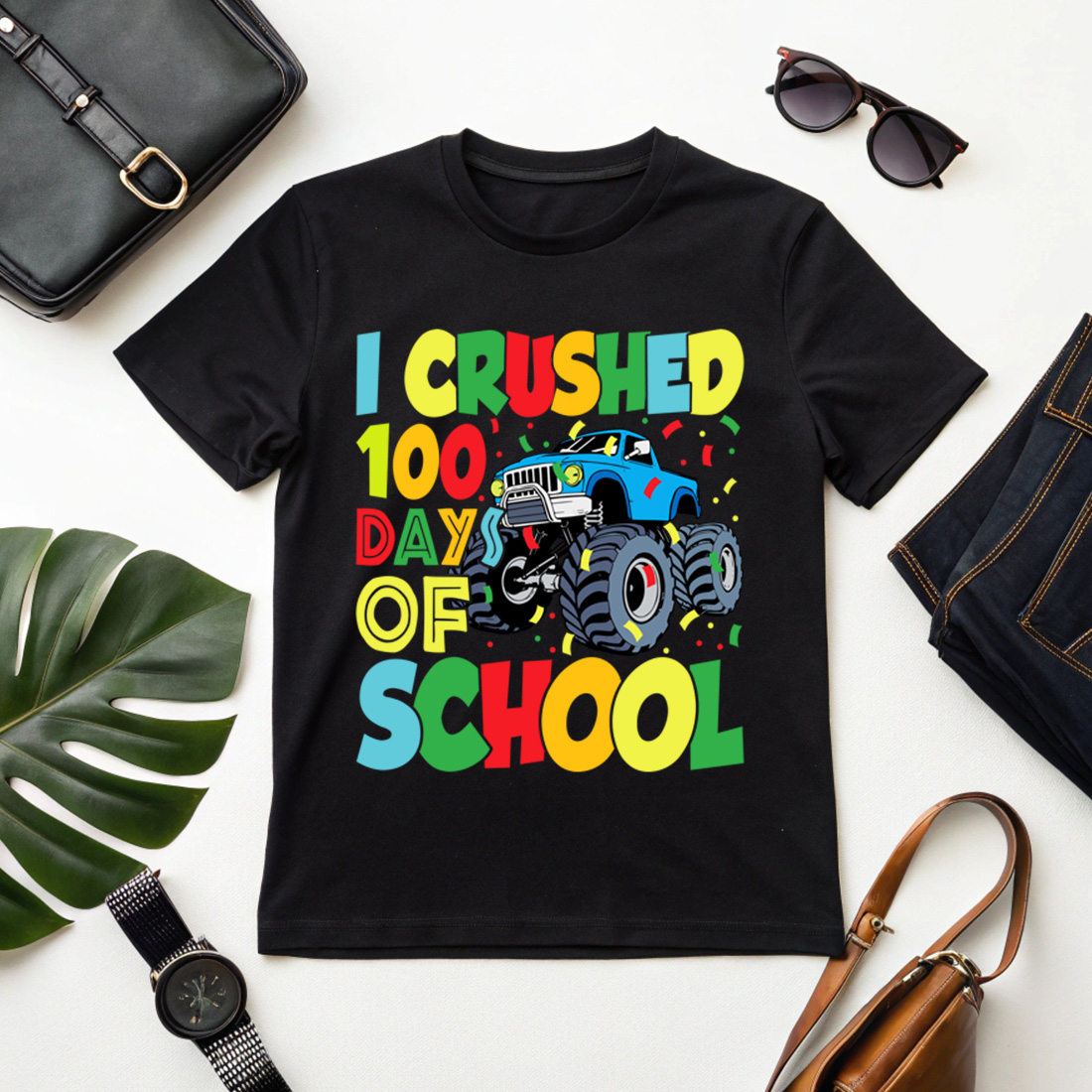 fun monster truck 100 days of school celebration design for kids t shirts and gifts 1 black etsy t shirt mock up 425