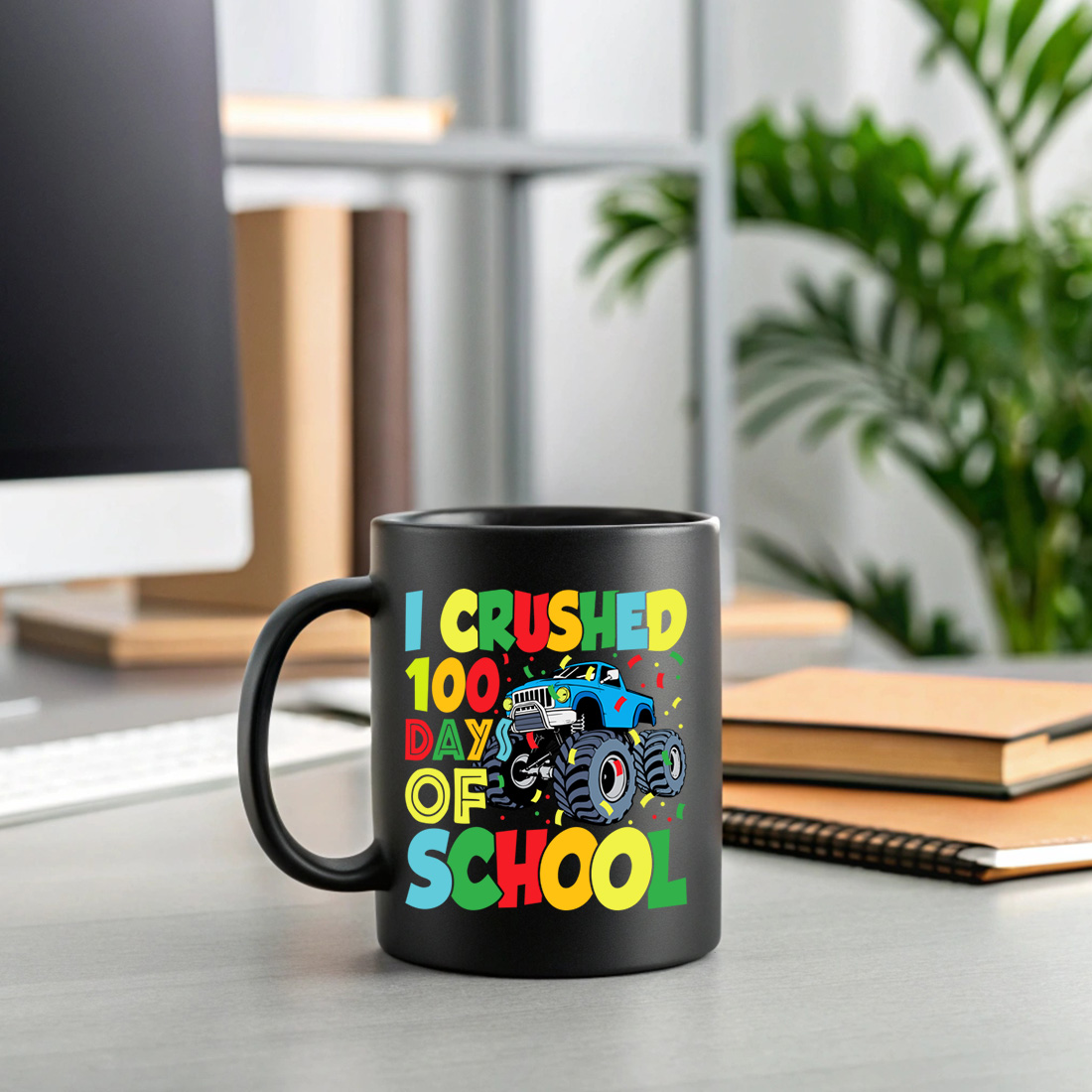 fun monster truck 100 days of school celebration design for kids t shirts and gifts 2 black mug mock up 378