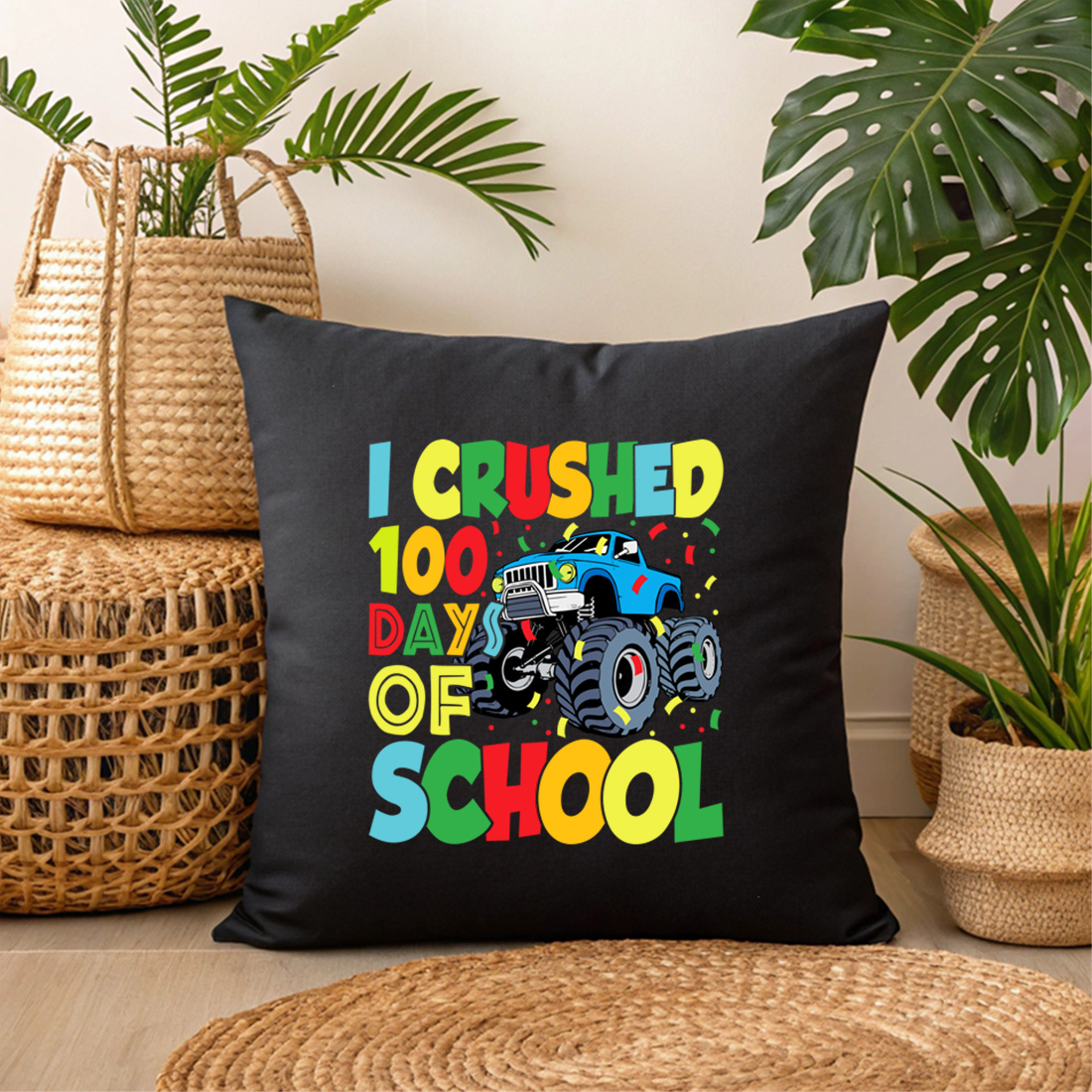 fun monster truck 100 days of school celebration design for kids t shirts and gifts 3 black pillow mock up 426