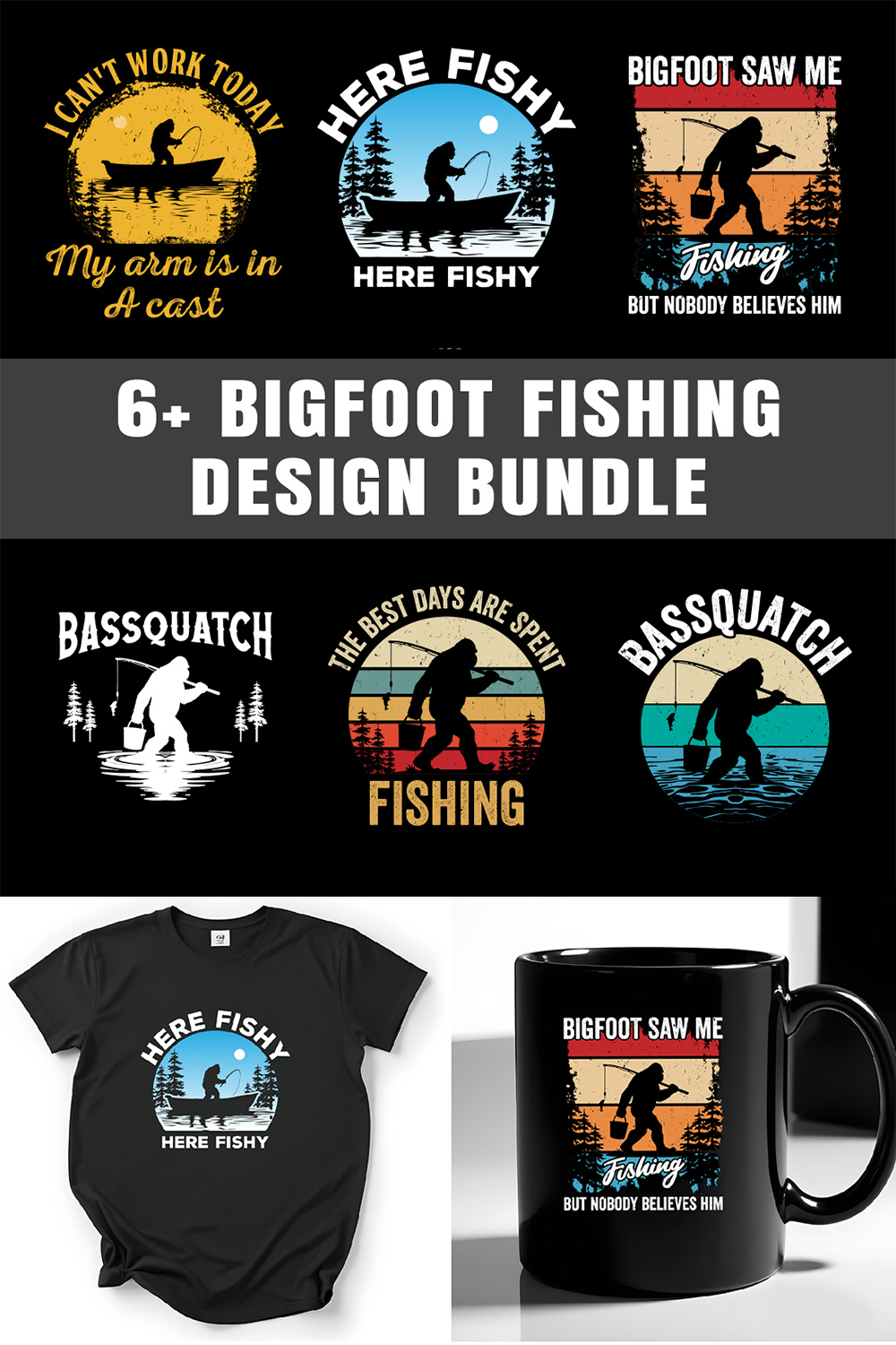 Funny Bigfoot Fishing Designs Perfect for Outdoor Enthusiasts and Fishermen pinterest preview image.