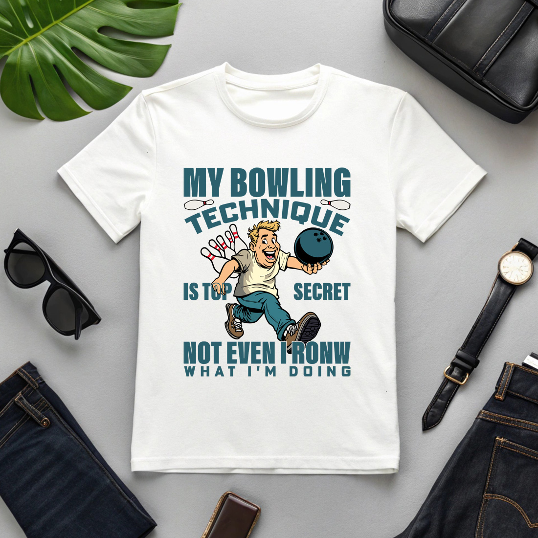 funny bowling cartoon design 'my bowling technique is top secret' tllustration preview image.