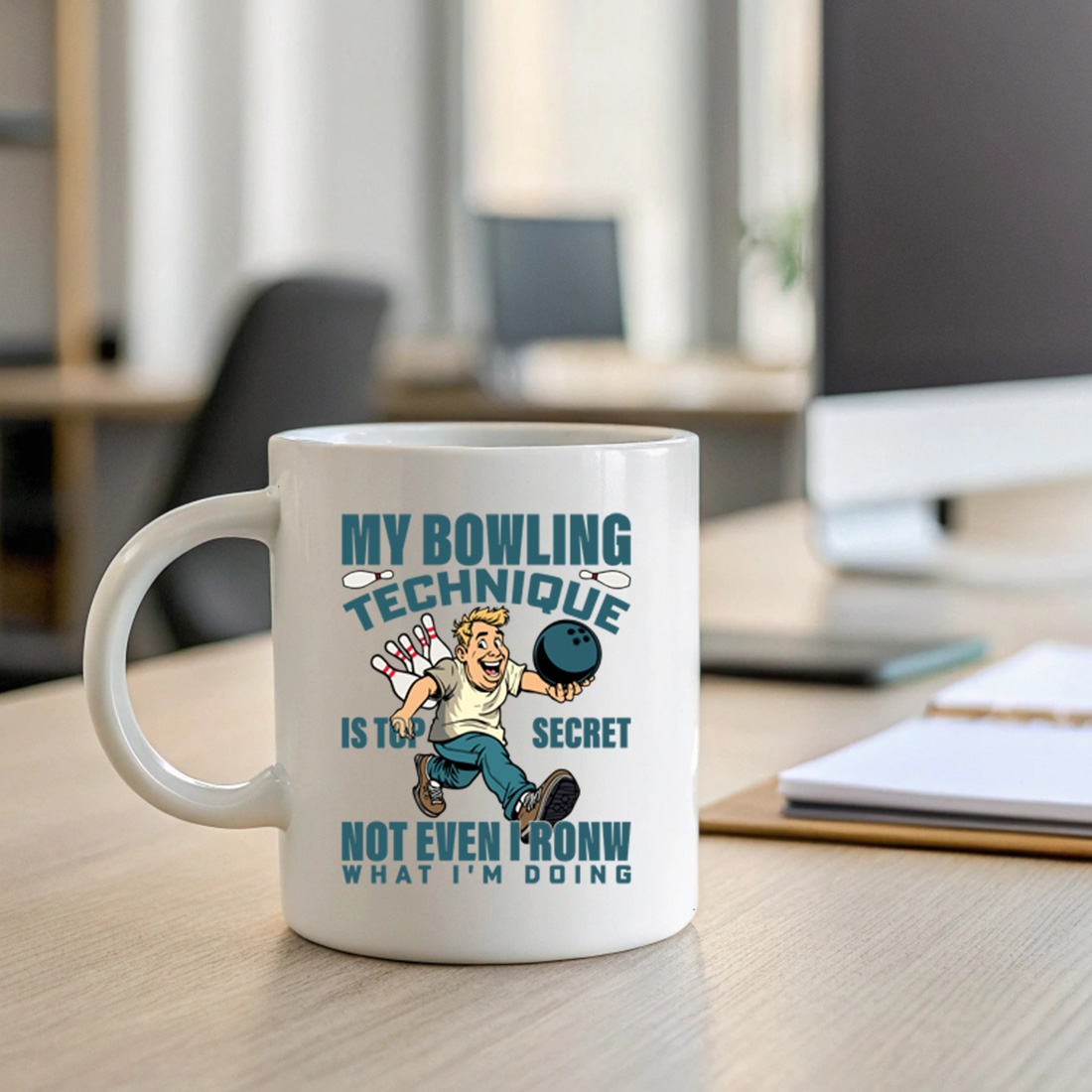 funny bowling cartoon design my bowling technique is top secret illustration 2 with mug mock up 617