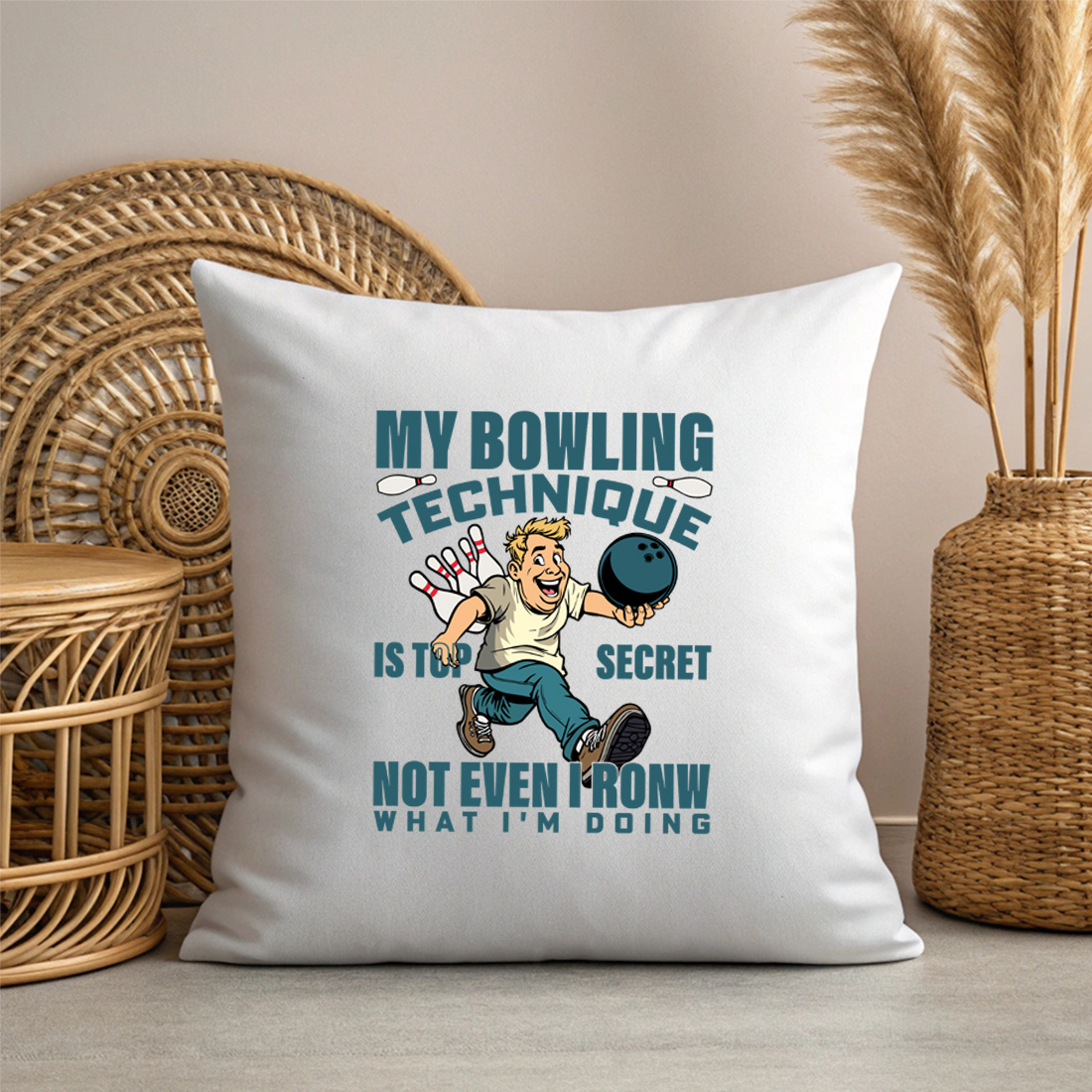 funny bowling cartoon design my bowling technique is top secret illustration 3 with pillow mock up 621