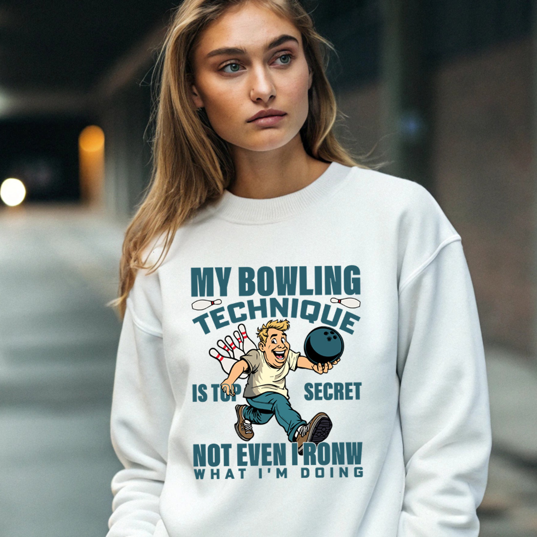 funny bowling cartoon design my bowling technique is top secret illustration 4 with female sweatshirt mock up 629