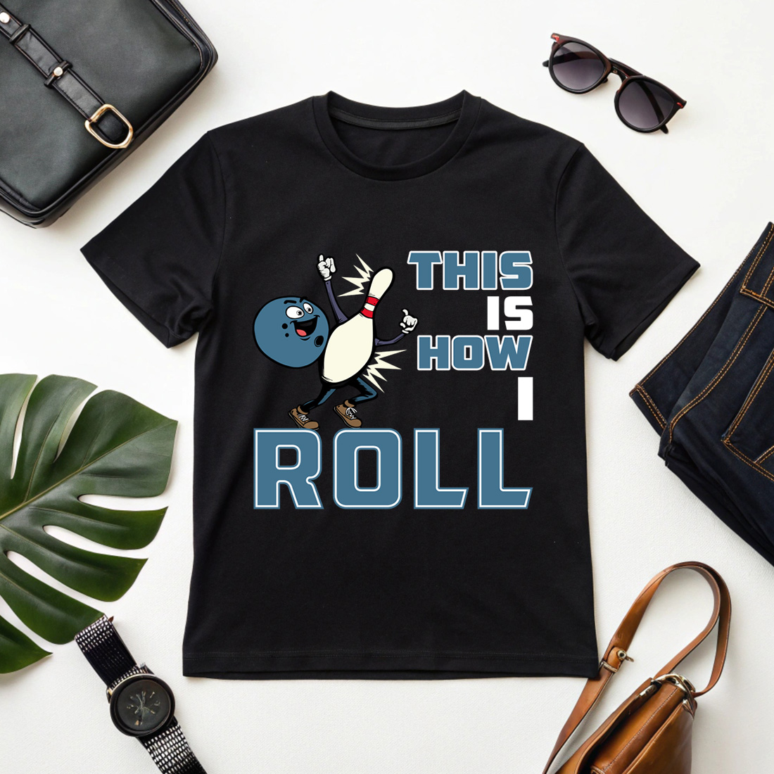 funny bowling t-shirt design 'this is how i roll' cartoon graphic preview image.