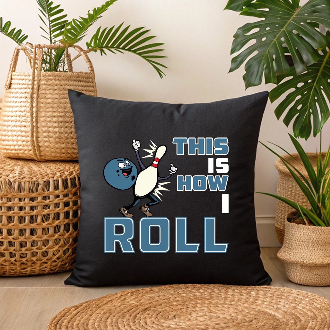 funny bowling t shirt design this is how i roll cartoon graphic 3 black pillow mock up 486