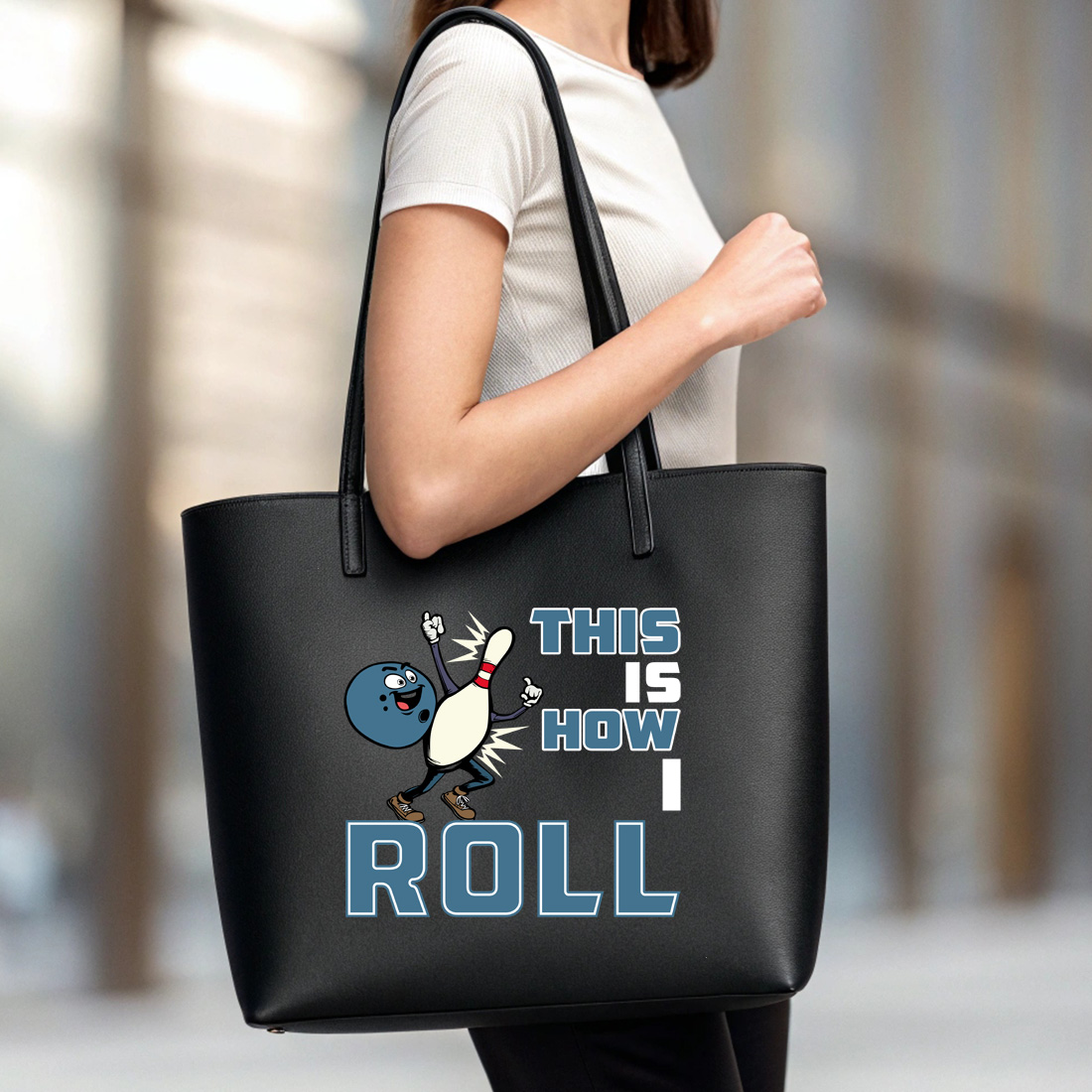 funny bowling t shirt design this is how i roll cartoon graphic 6 black tote beg mock up 115