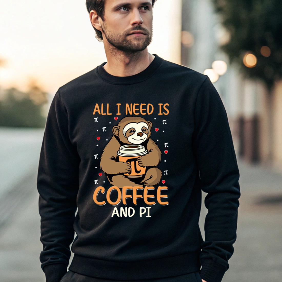 Funny Sloth Illustration Drinking Coffee with Pi Symbol - Quirky Graphic Art preview image.