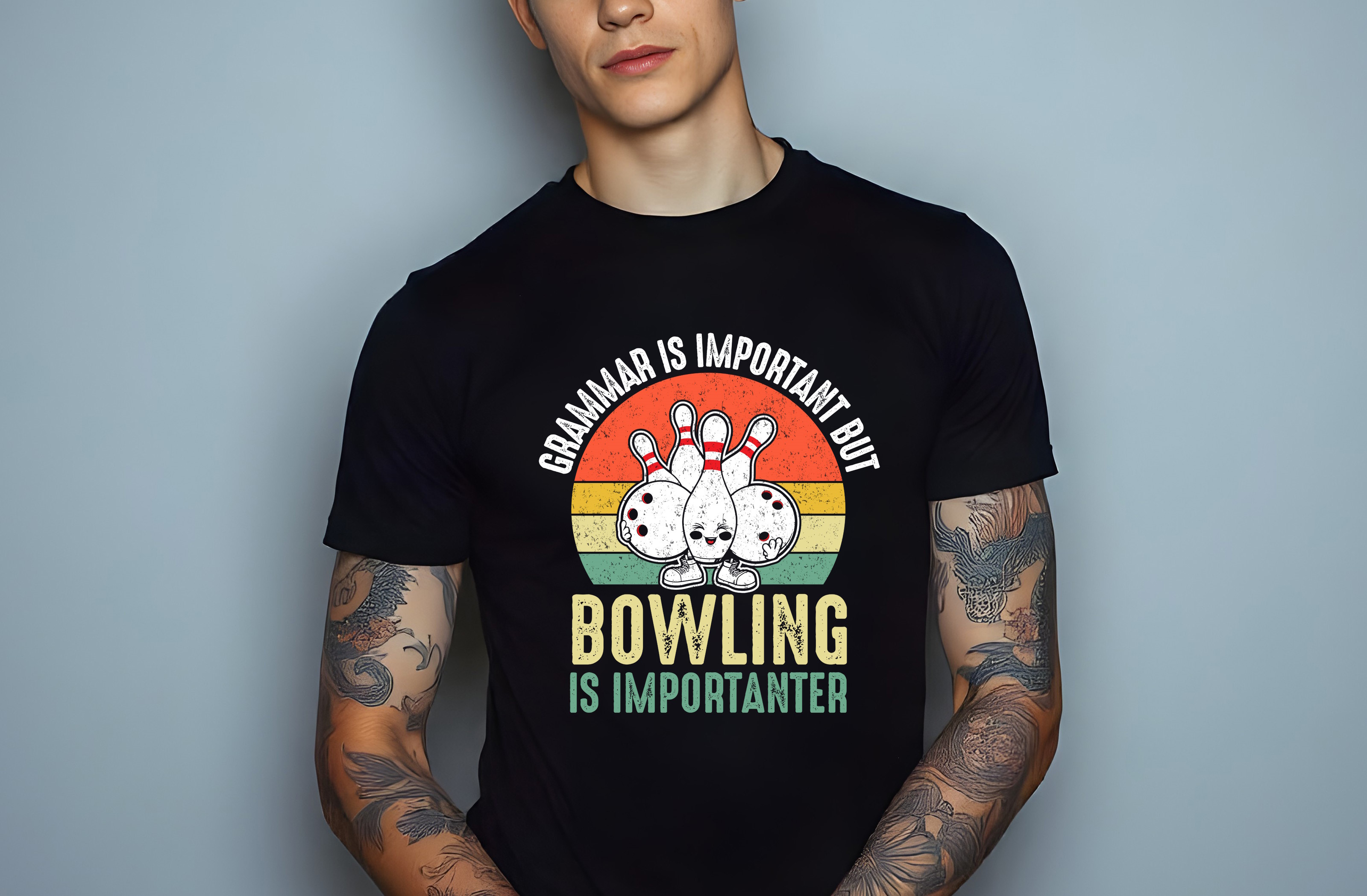 grammar is important but bowling is importanter graphic designs male t shirt mockups 409