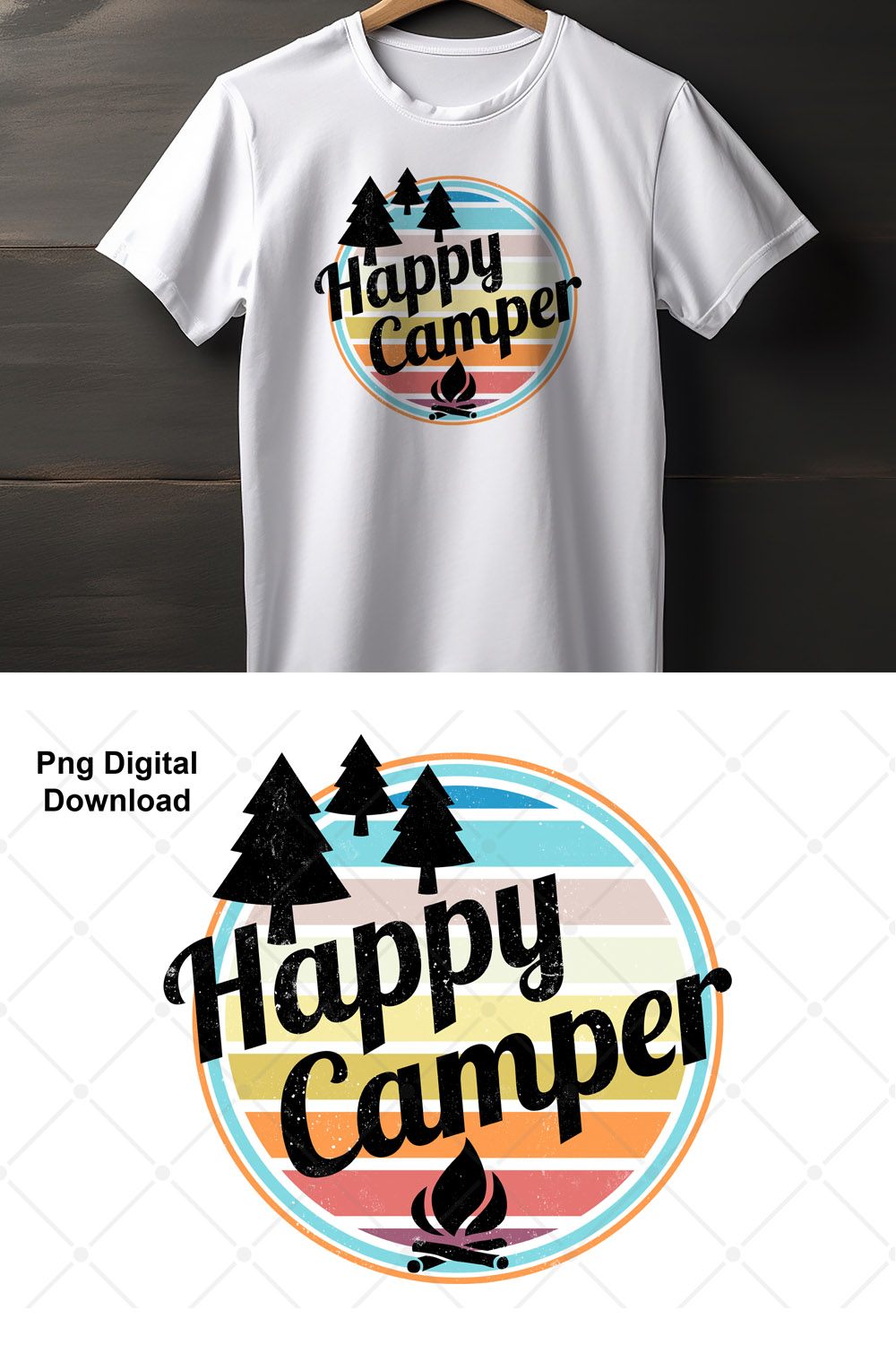 Happy Camper Retro Camping Design pinterest preview image.