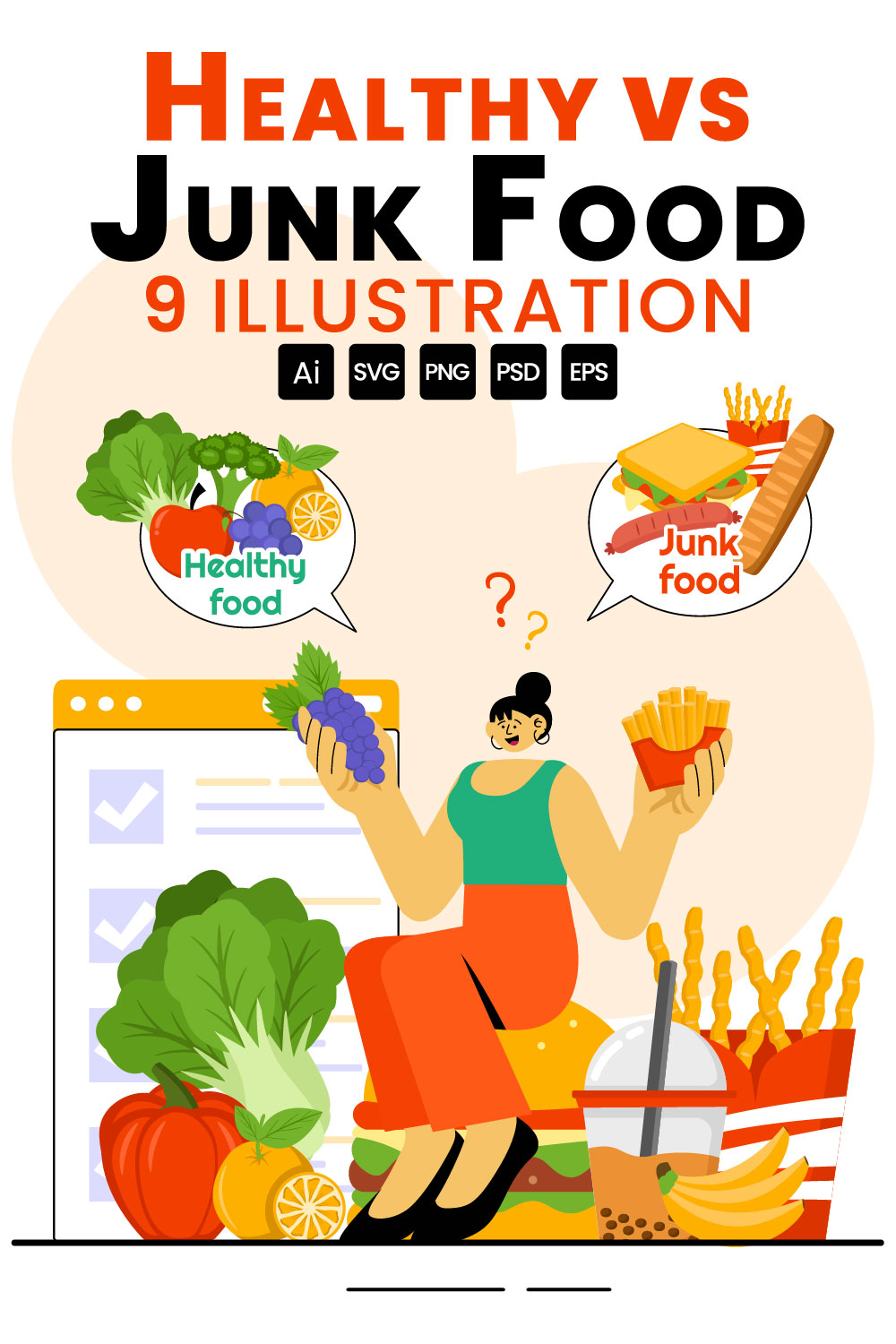 9 Healthy vs Unhealthy Food Choice Illustration pinterest preview image.