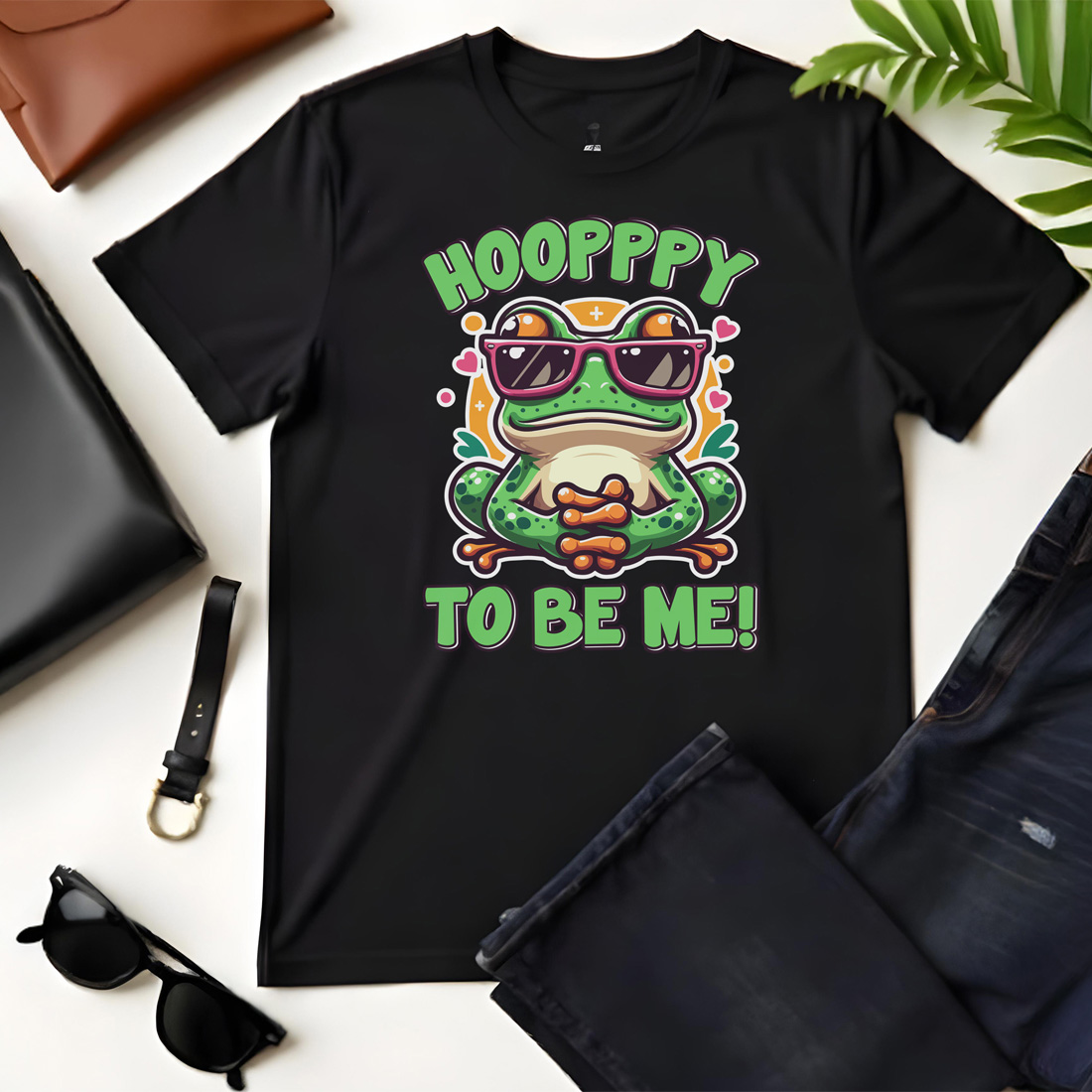 hoppy to be me graphic design black flat tshirt mockup 331