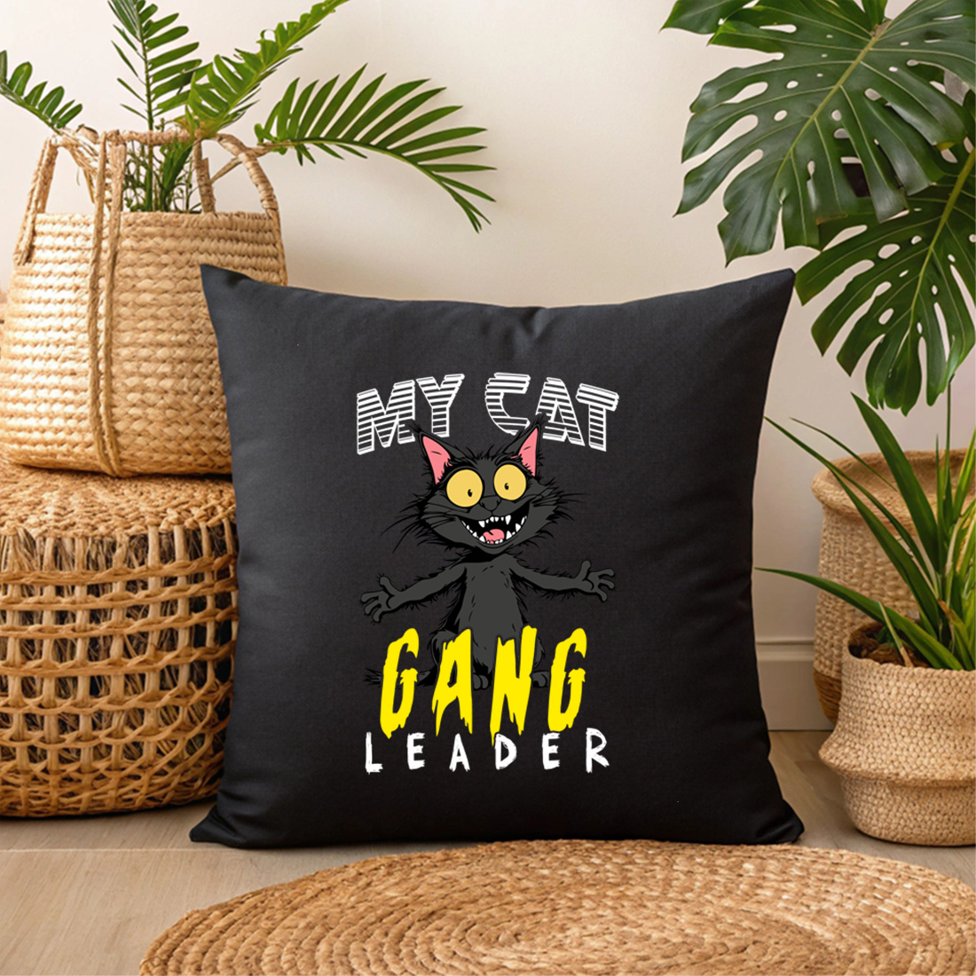 humorous cat themed graphic for pet lovers t shirts hats and home decor. 3 black pillow mock up 862