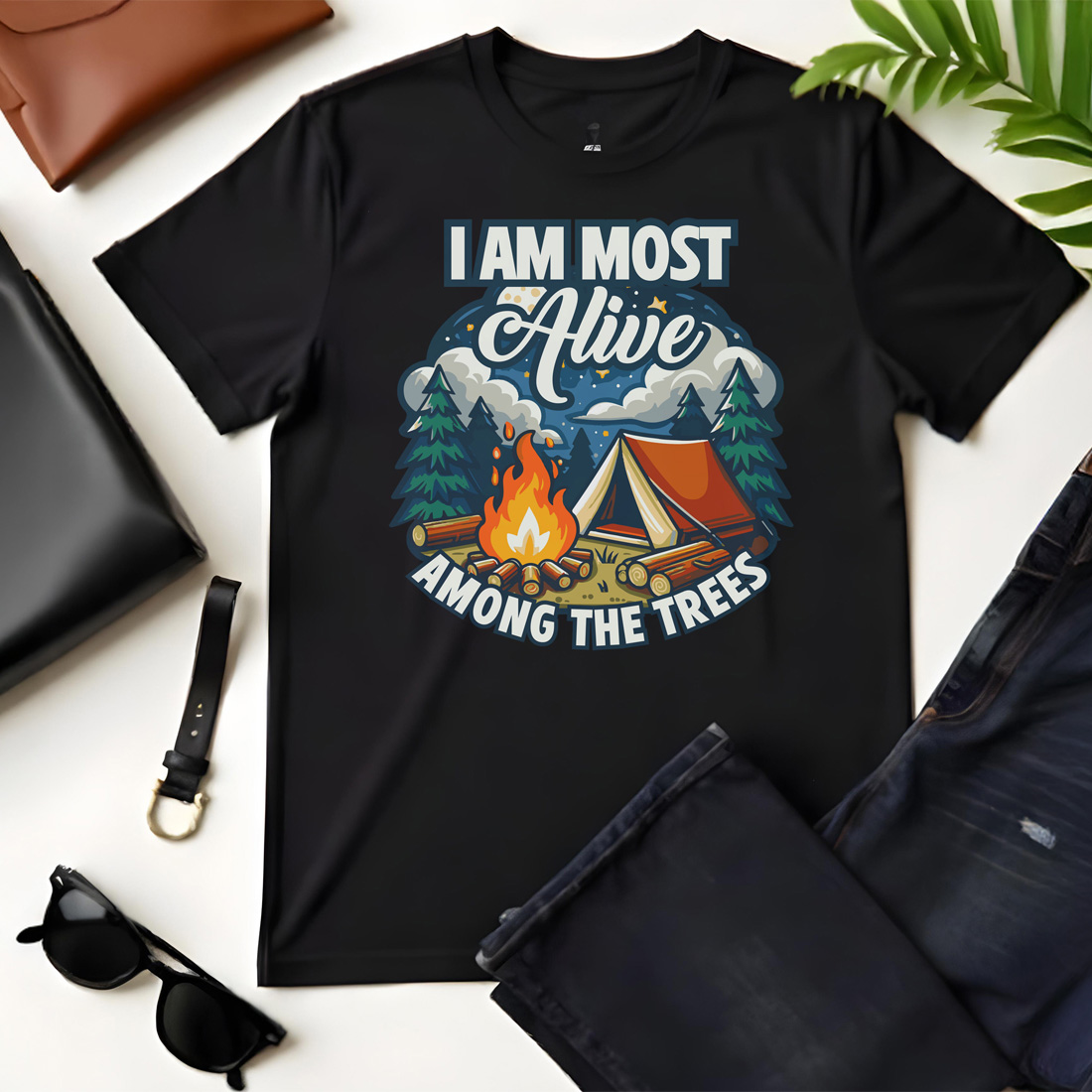 i am most alive among the trees graphic design black flat tshirt mockup 840