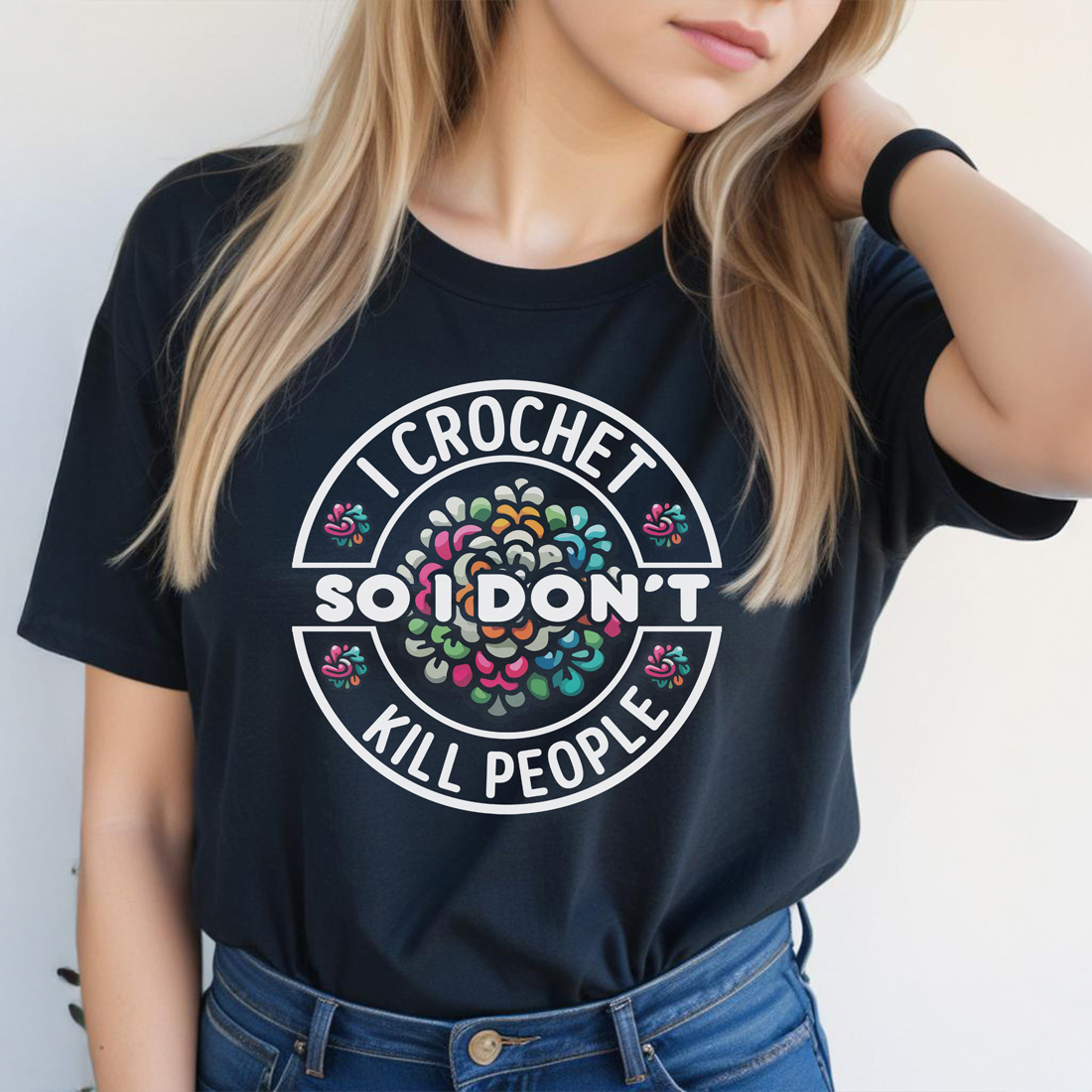 i corochet so i dont kill people black female tshirt front mockup 629