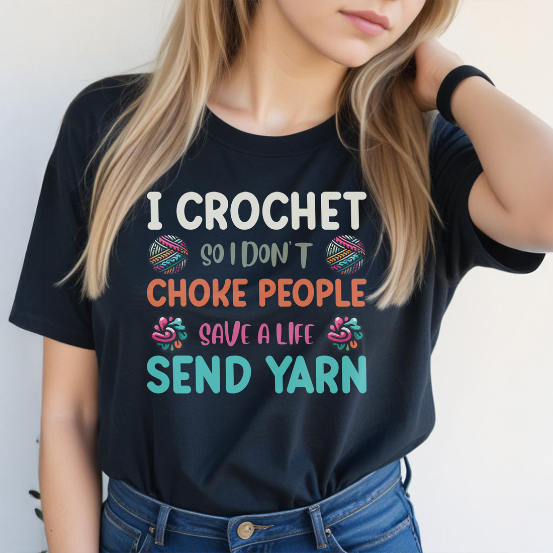 i crochet so i dont choke people black female tshirt front mockup 182