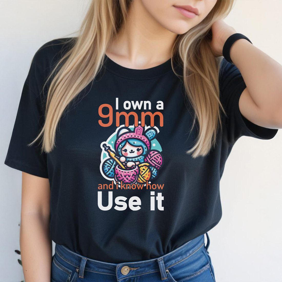 i own a 9 mm and i know 1 graphic design black female tshirt front mockup 552