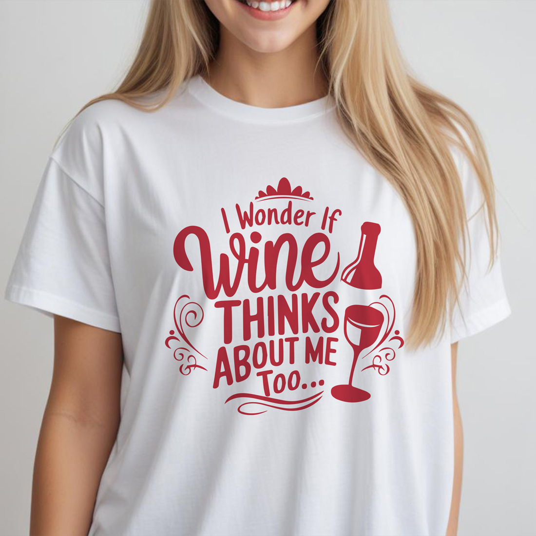 i wonder if wine thinks about me too white female tshirt front mockup 916