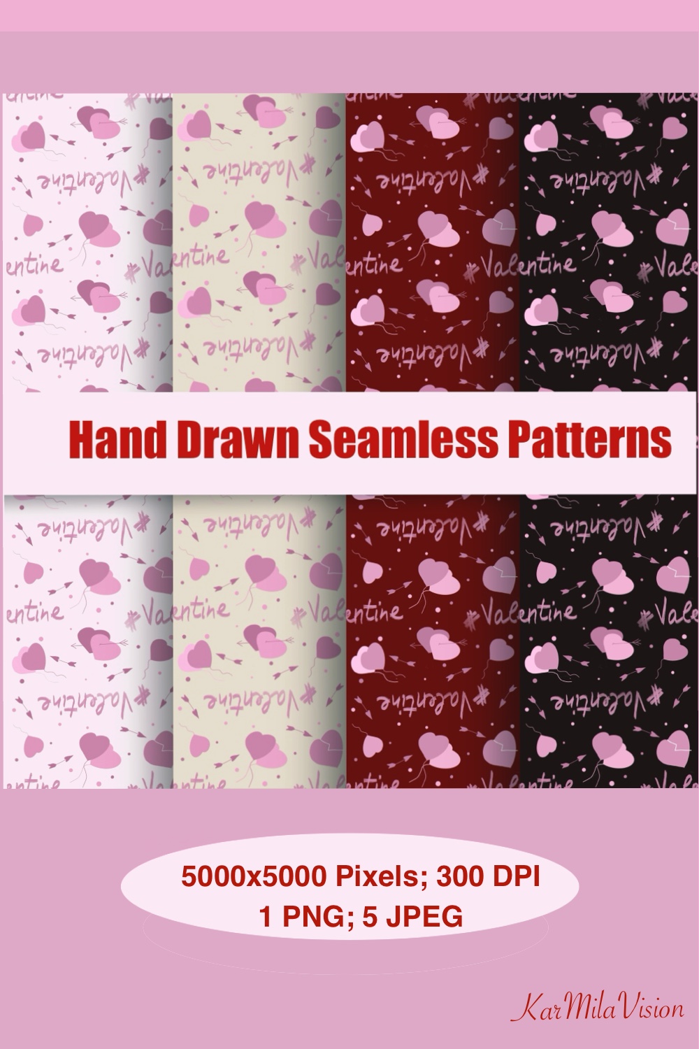 Love Seamless Patterns with Hearts pinterest preview image.