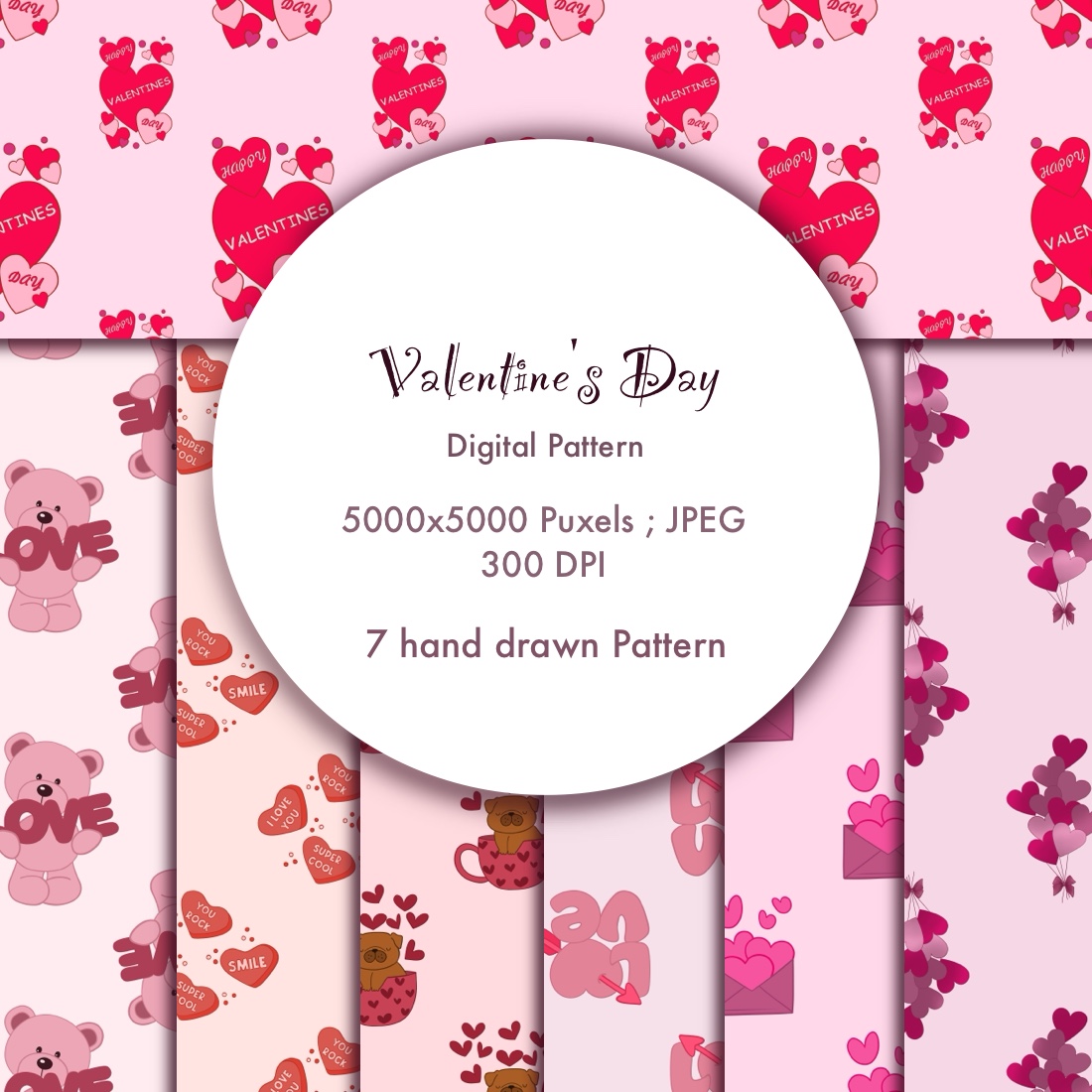 7 Hand Drawn patterns for Valentine’s Day cover image.