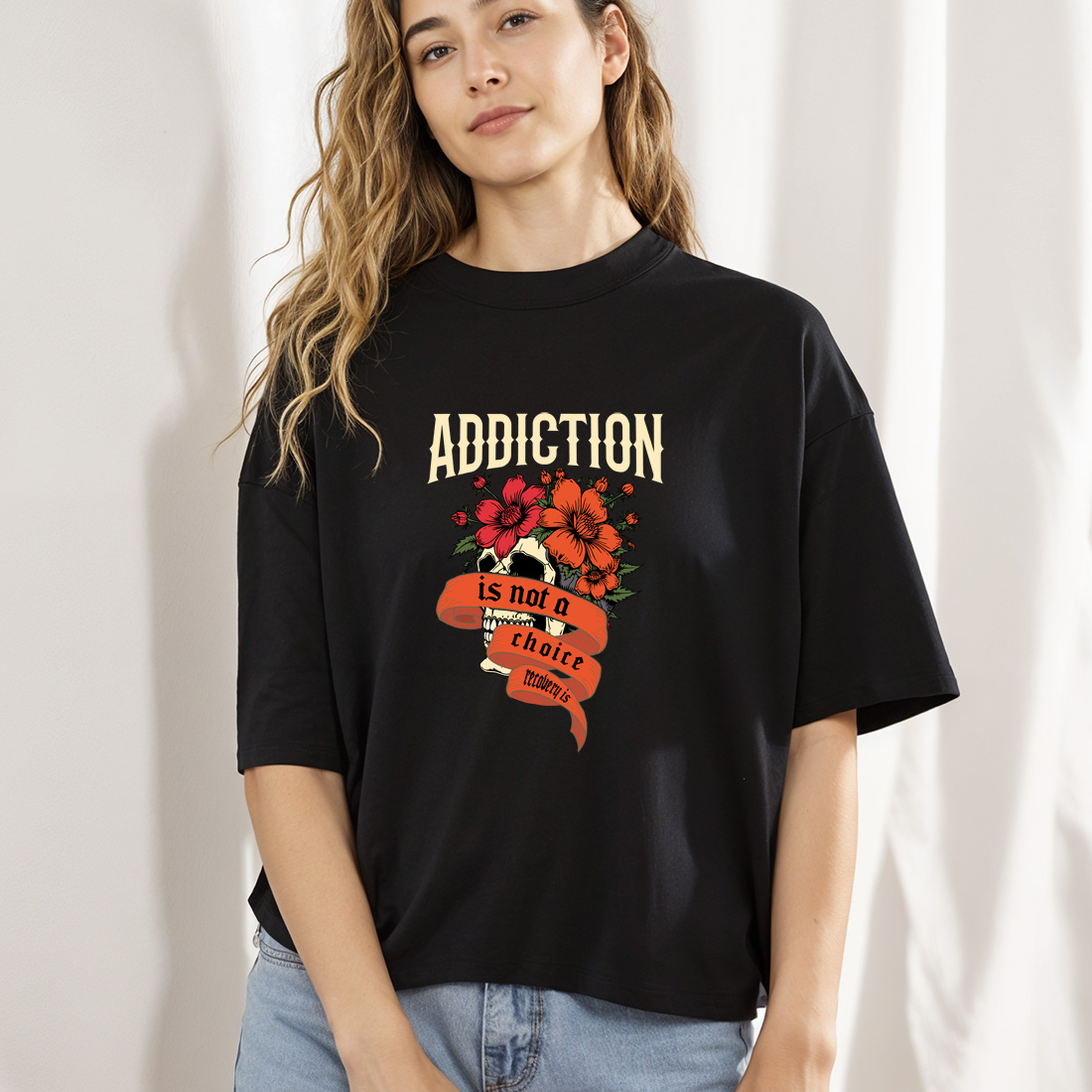 impactful skull and floral design highlighting addiction and recovery black female mock up 323