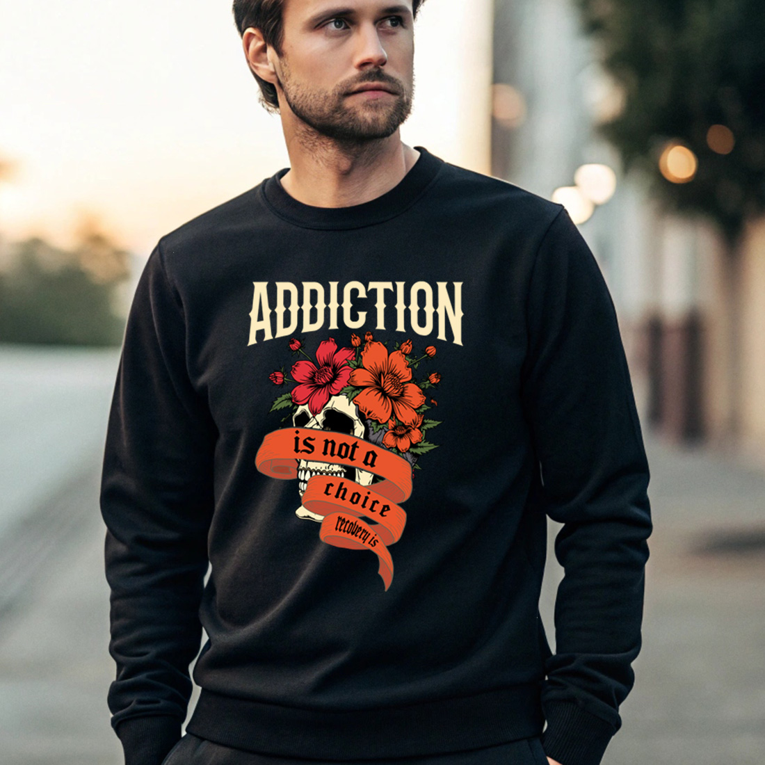 Impactful Skull and Floral Design Highlighting Addiction and Recovery preview image.