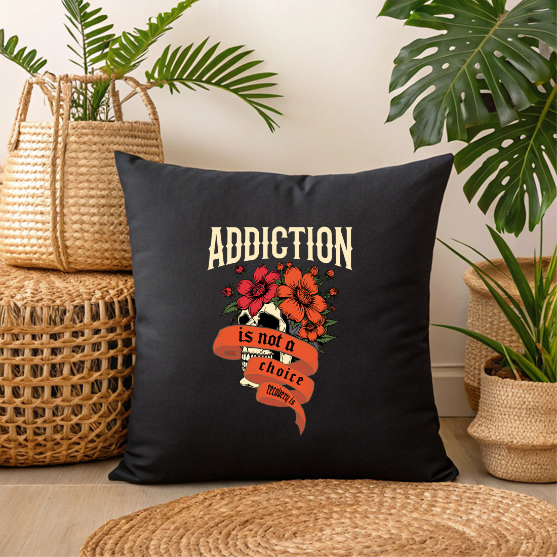 impactful skull and floral design highlighting addiction and recovery black pillow mock up 845