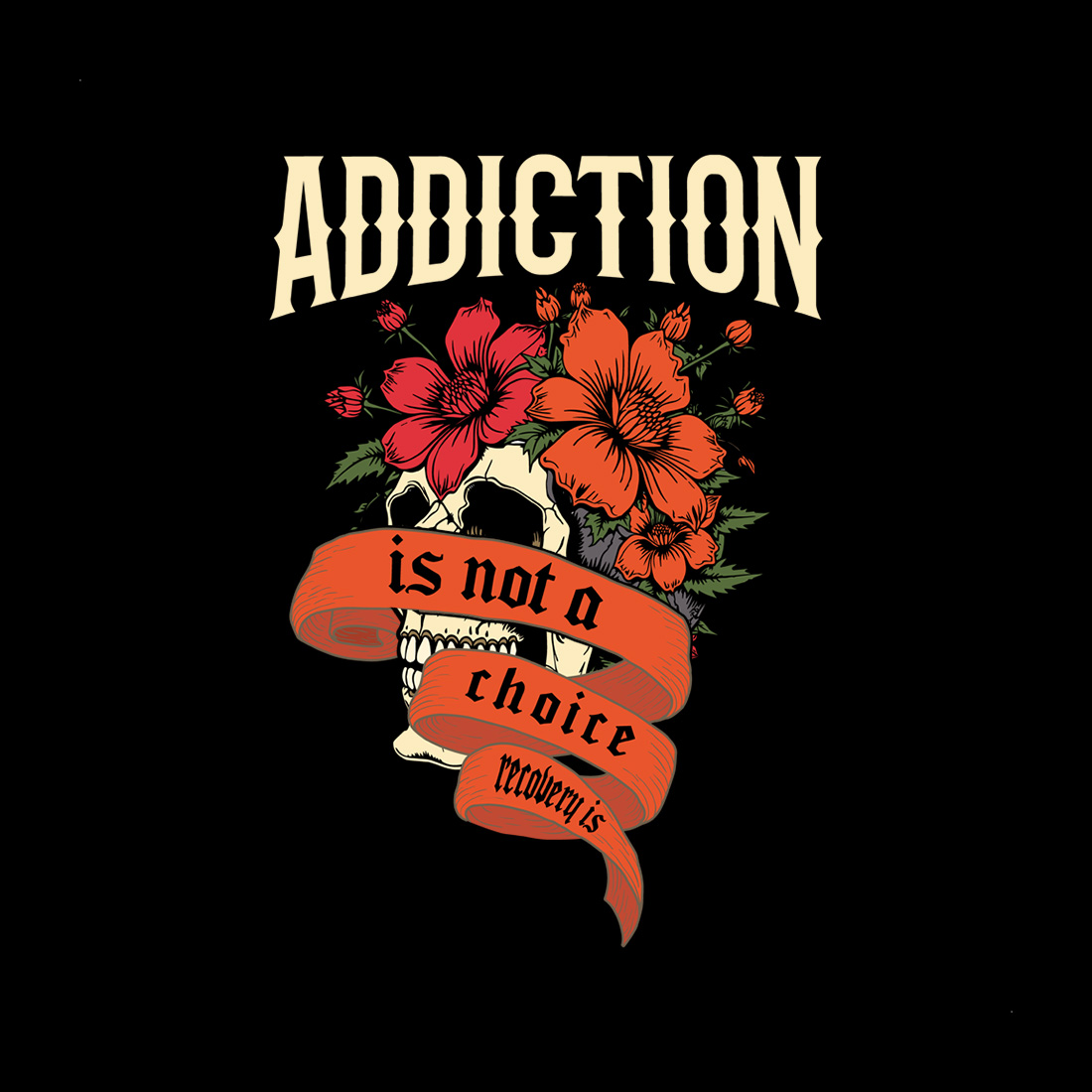 Impactful Skull and Floral Design Highlighting Addiction and Recovery cover image.