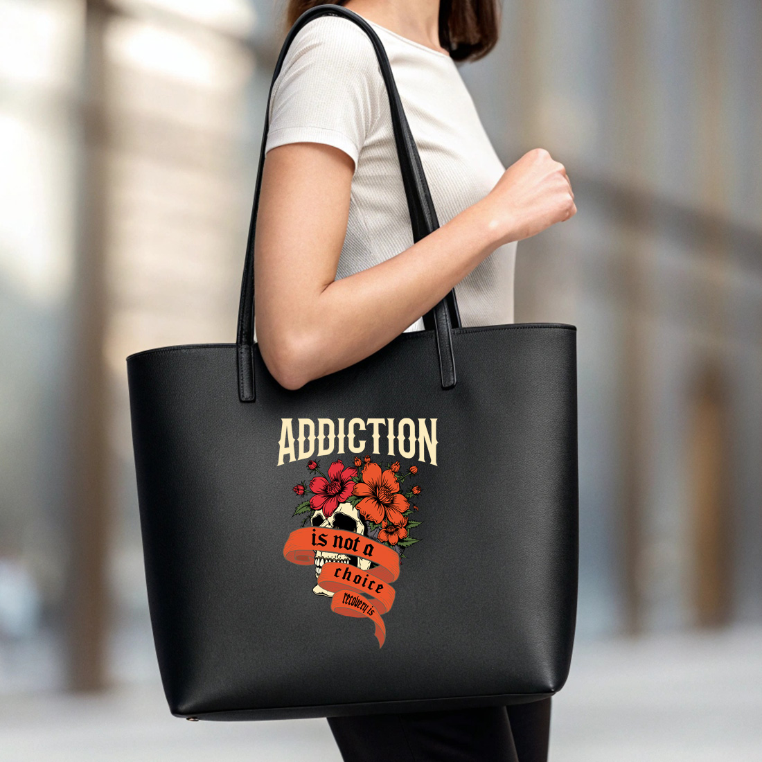 impactful skull and floral design highlighting addiction and recovery black tote beg mock up 435