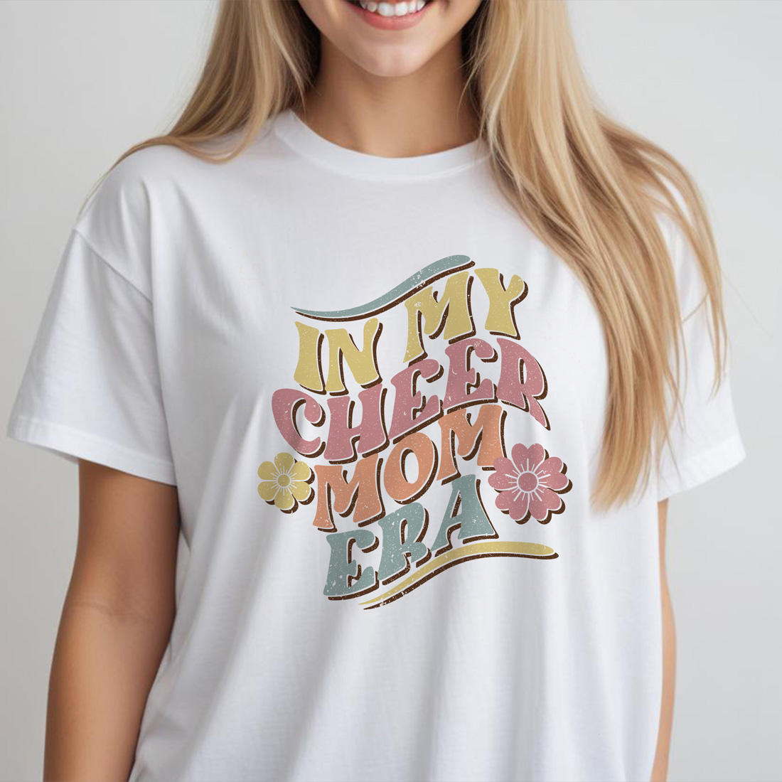 in my cheer mom era graphic design white female tshirt front mockup 104