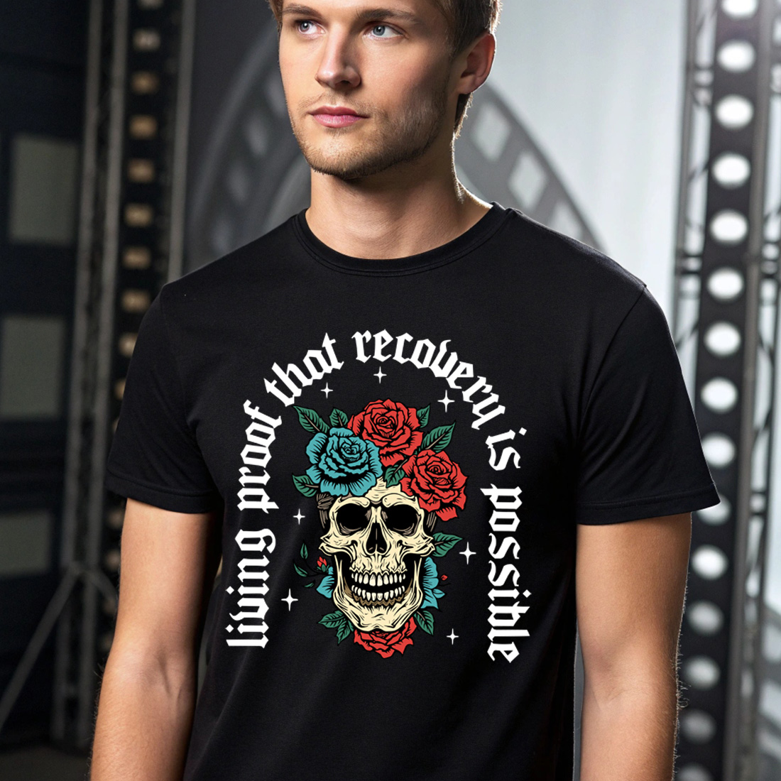 inspirational skull and roses artwork celebrating recovery and resilience black male t shirt mock up 346