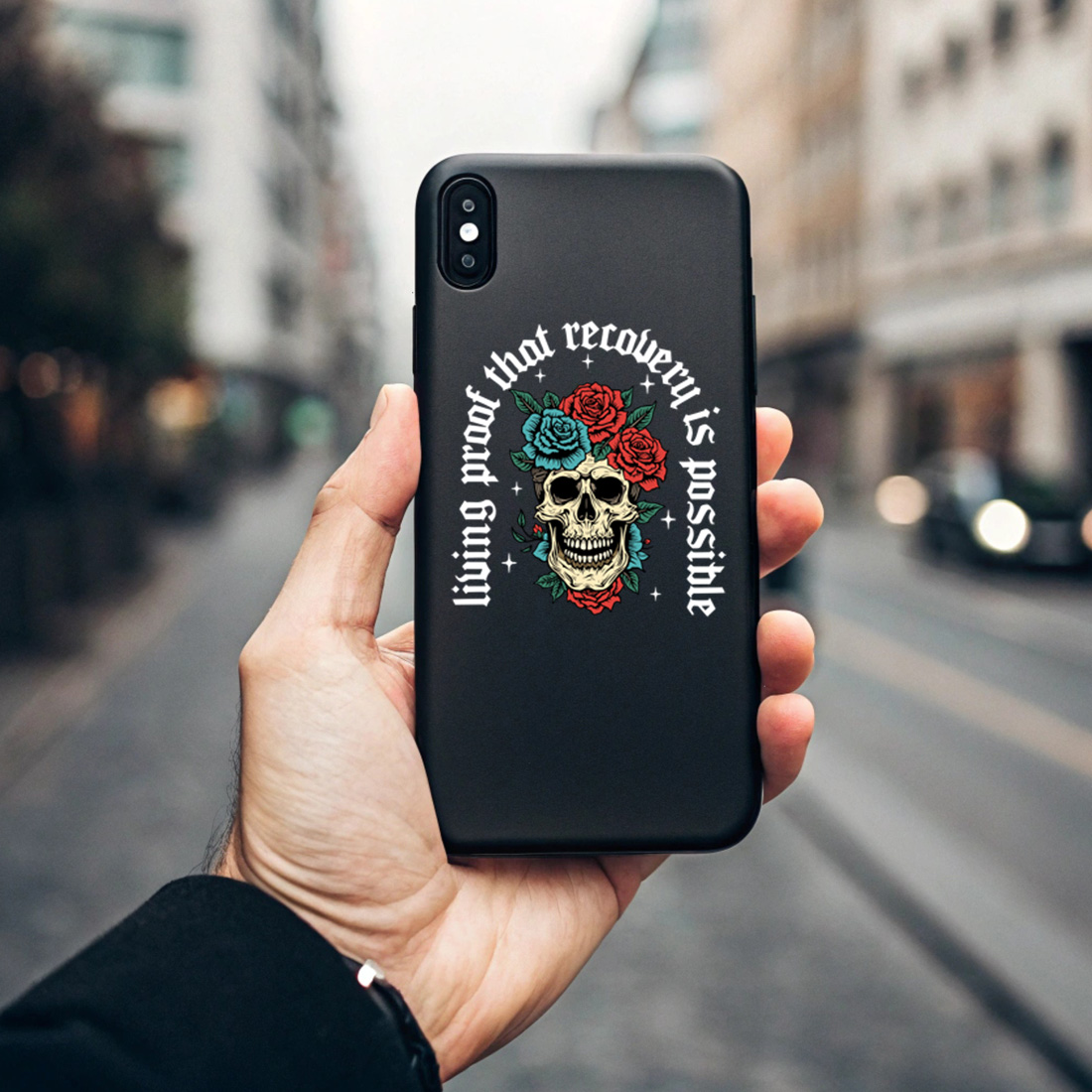 inspirational skull and roses artwork celebrating recovery and resilience black phone case mock up 477