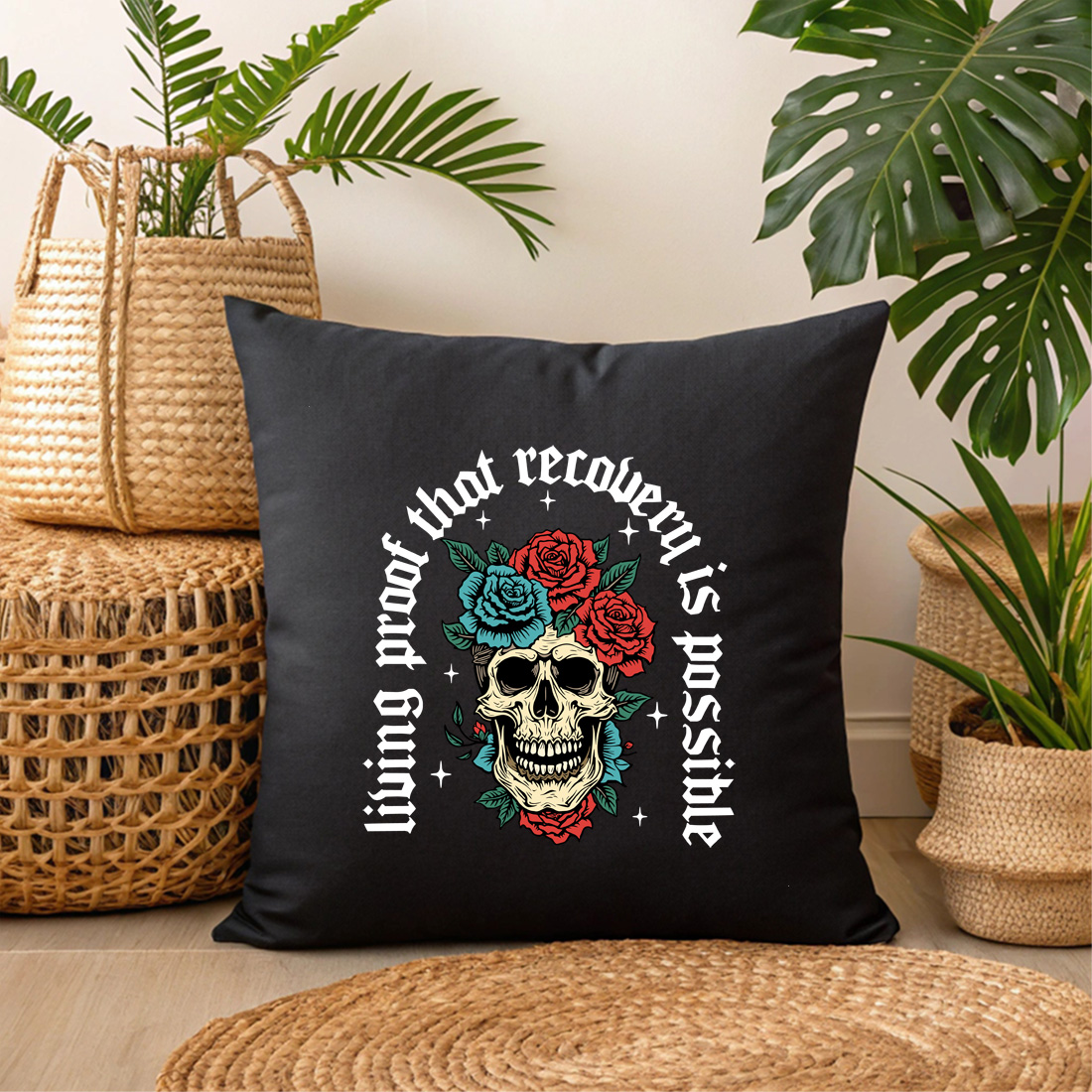 inspirational skull and roses artwork celebrating recovery and resilience black pillow mock up 706