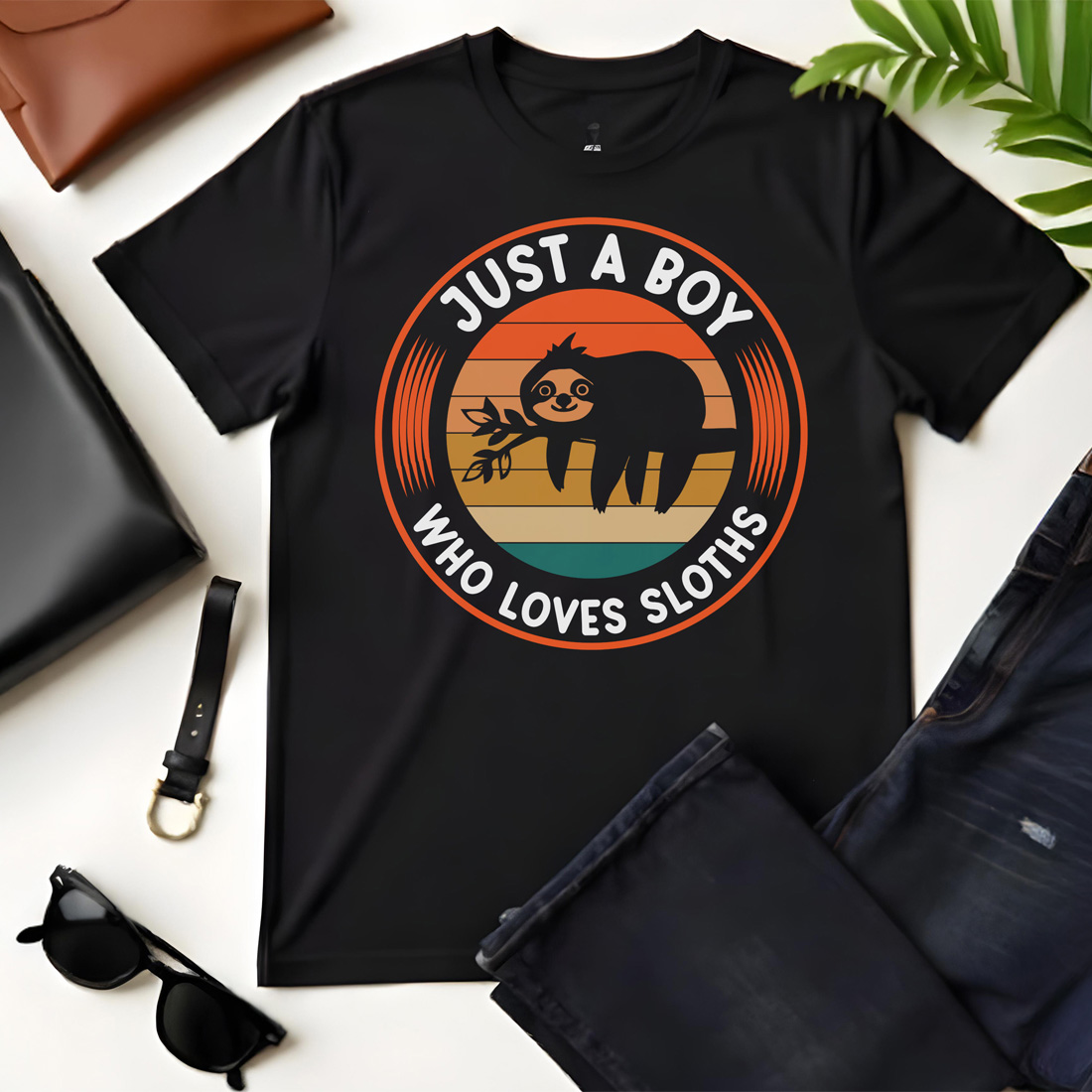 just a boy who loves sloths black flat tshirt mockup 544