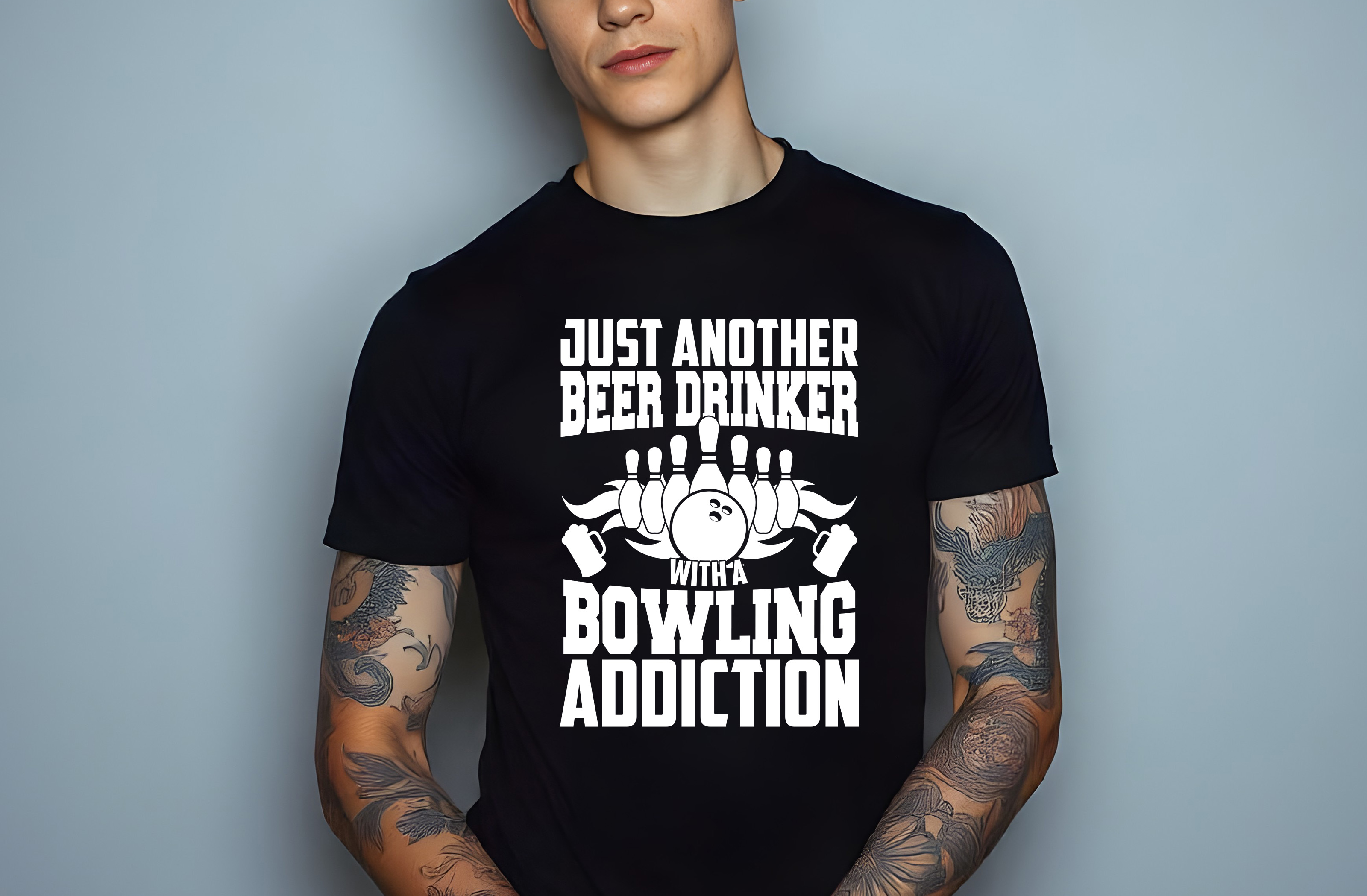 just another beer drinker bowling addiction graphic designs male t shirt mockups 635