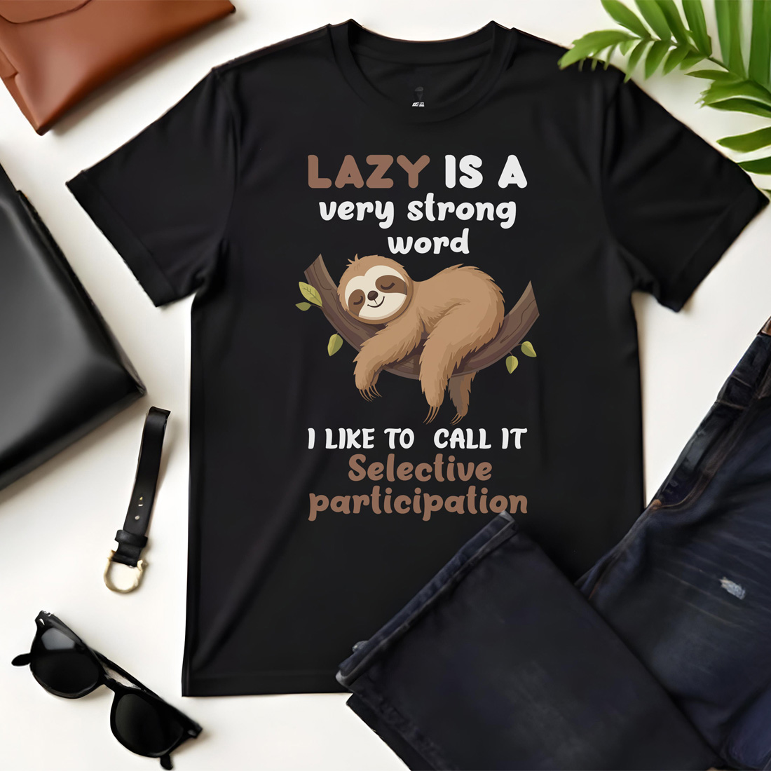 lazy is a very strong word black flat tshirt mockup 712