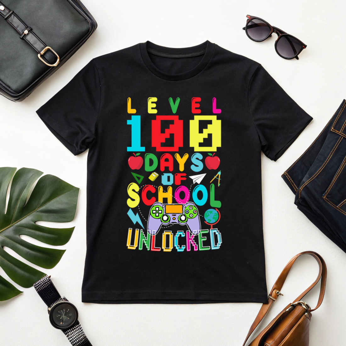 level 100 days of school unlocked – gamer theme colorful design for kids 1 black etsy t shirt mock up 954