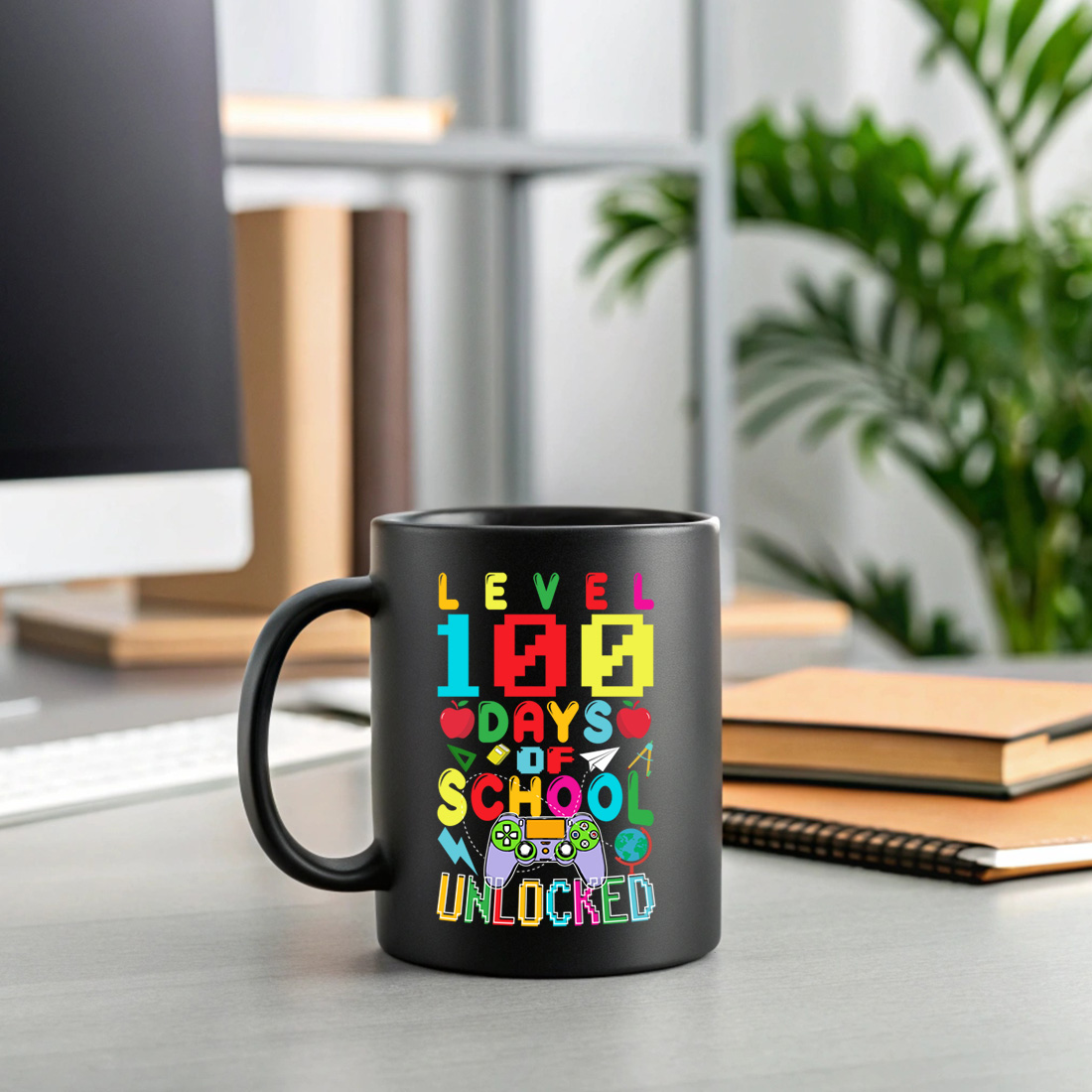 level 100 days of school unlocked – gamer theme colorful design for kids 2 black mug mock up 50