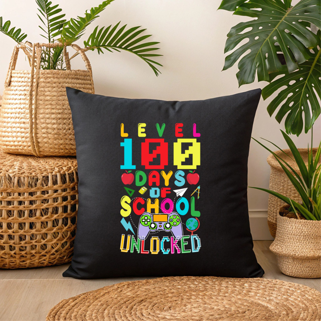 level 100 days of school unlocked – gamer theme colorful design for kids 3 black pillow mock up 186