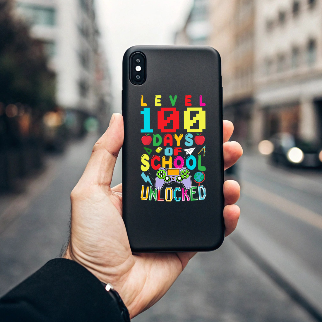 level 100 days of school unlocked – gamer theme colorful design for kids 5 black phone case mock up 683