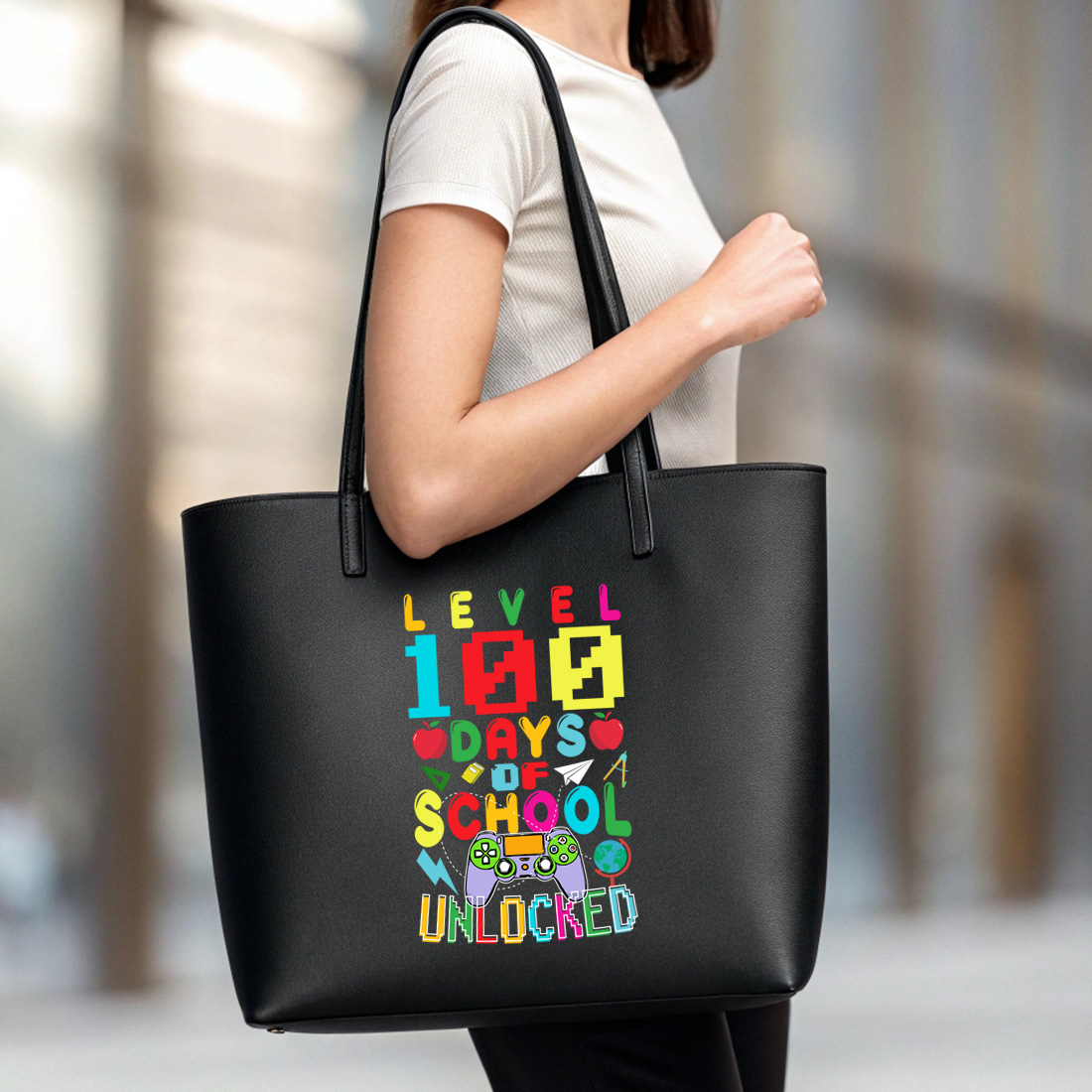 level 100 days of school unlocked – gamer theme colorful design for kids 6 black tote beg mock up 109