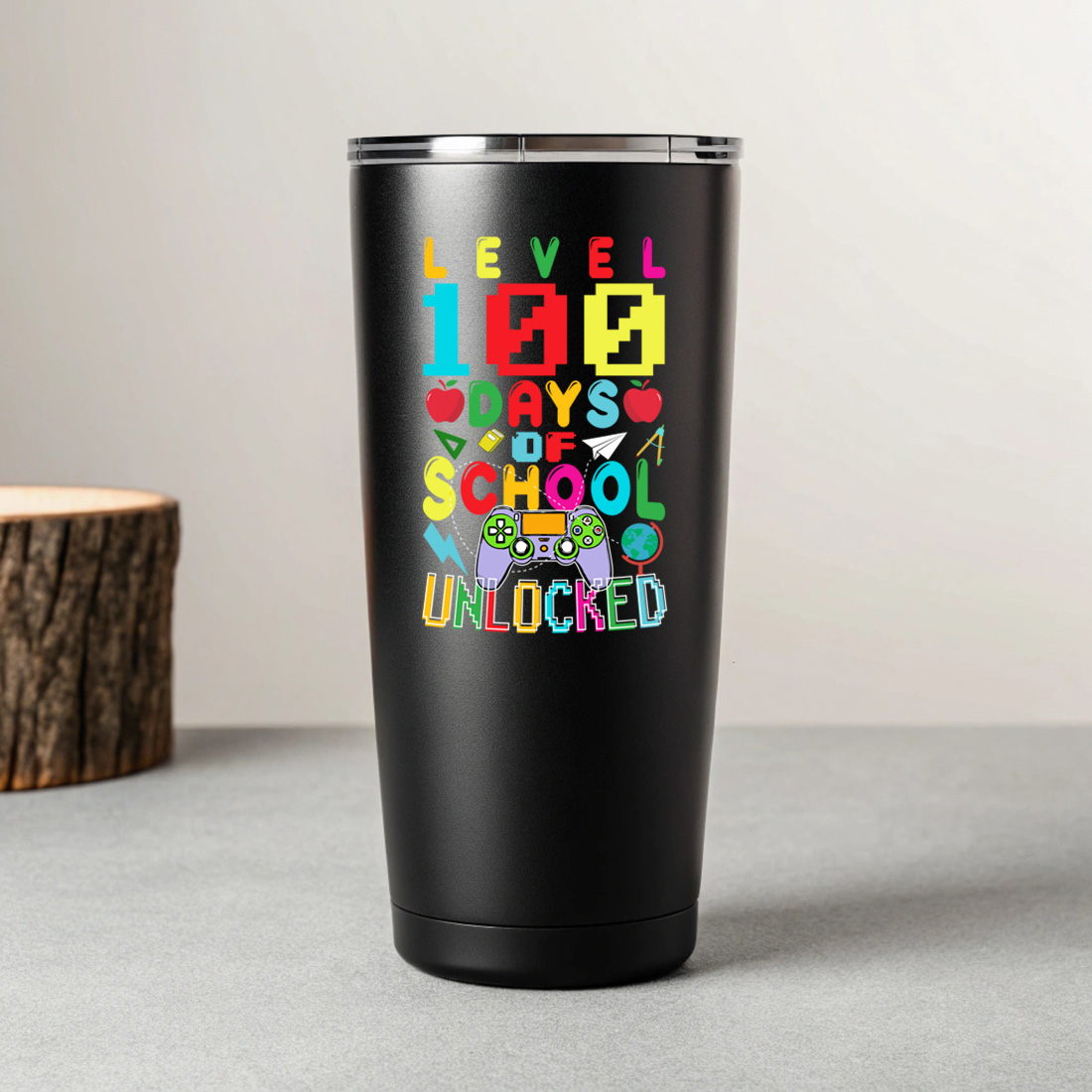 level 100 days of school unlocked – gamer theme colorful design for kids 7 black tumblers mockup 571