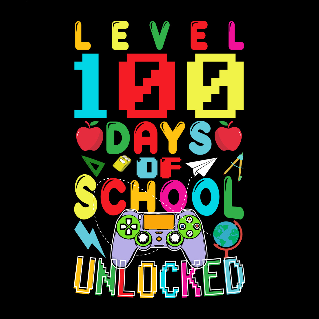 Level 100 Days of School Unlocked – Gamer Theme Colorful Design for Kids preview image.