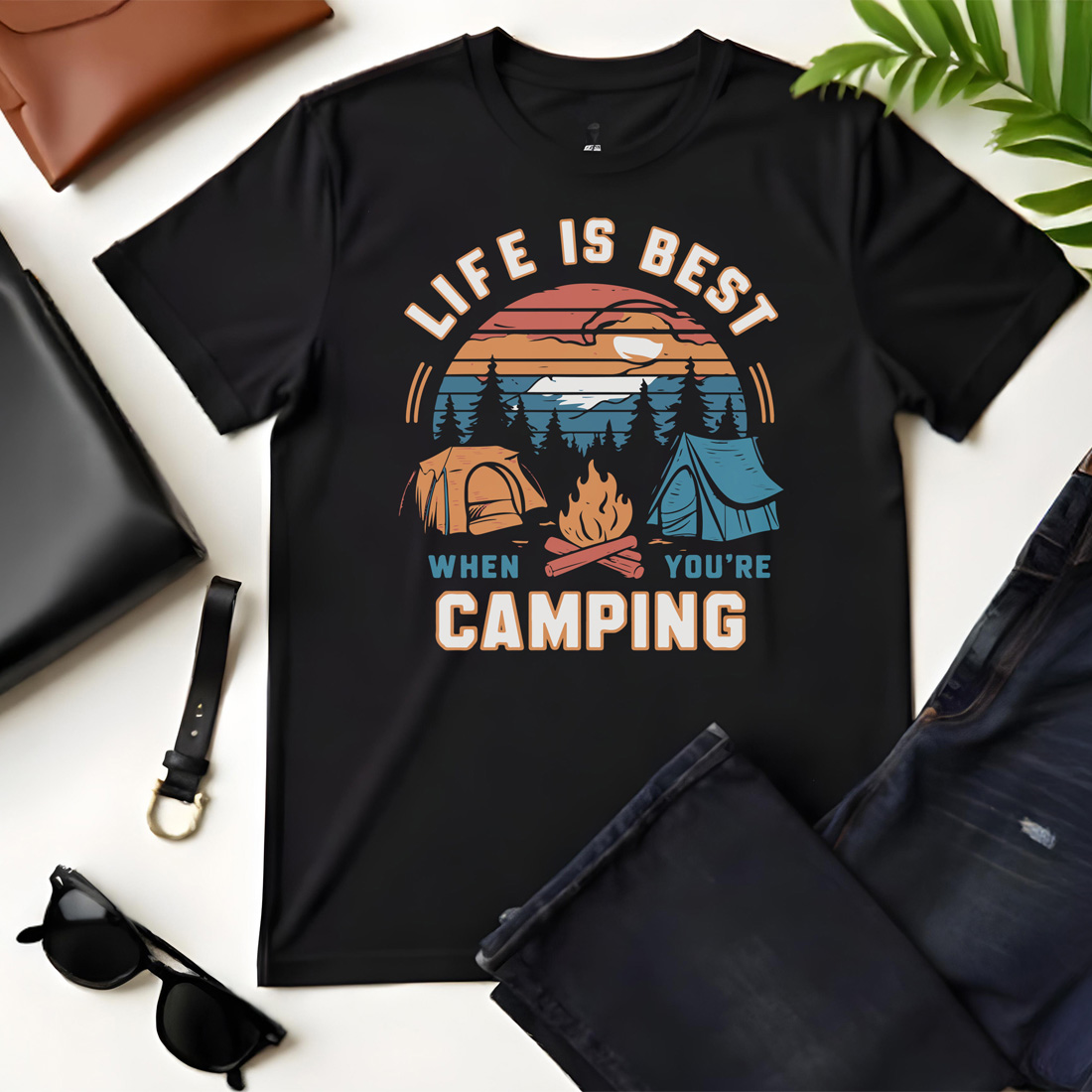 life is best when you are camping graphic design 1 black flat tshirt mockup 437