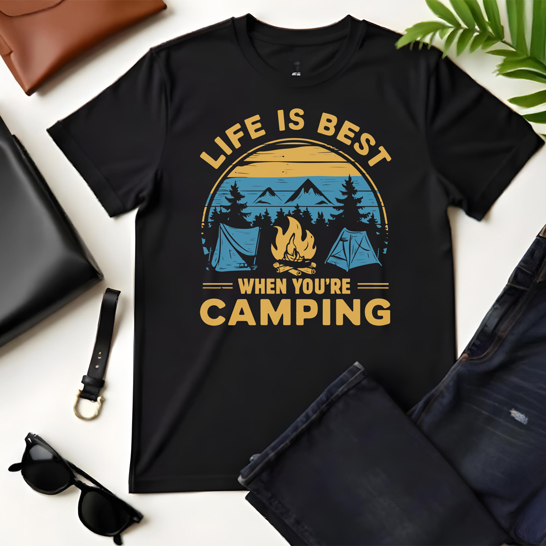 life is best when you are camping graphic design 3 black flat tshirt mockup 303